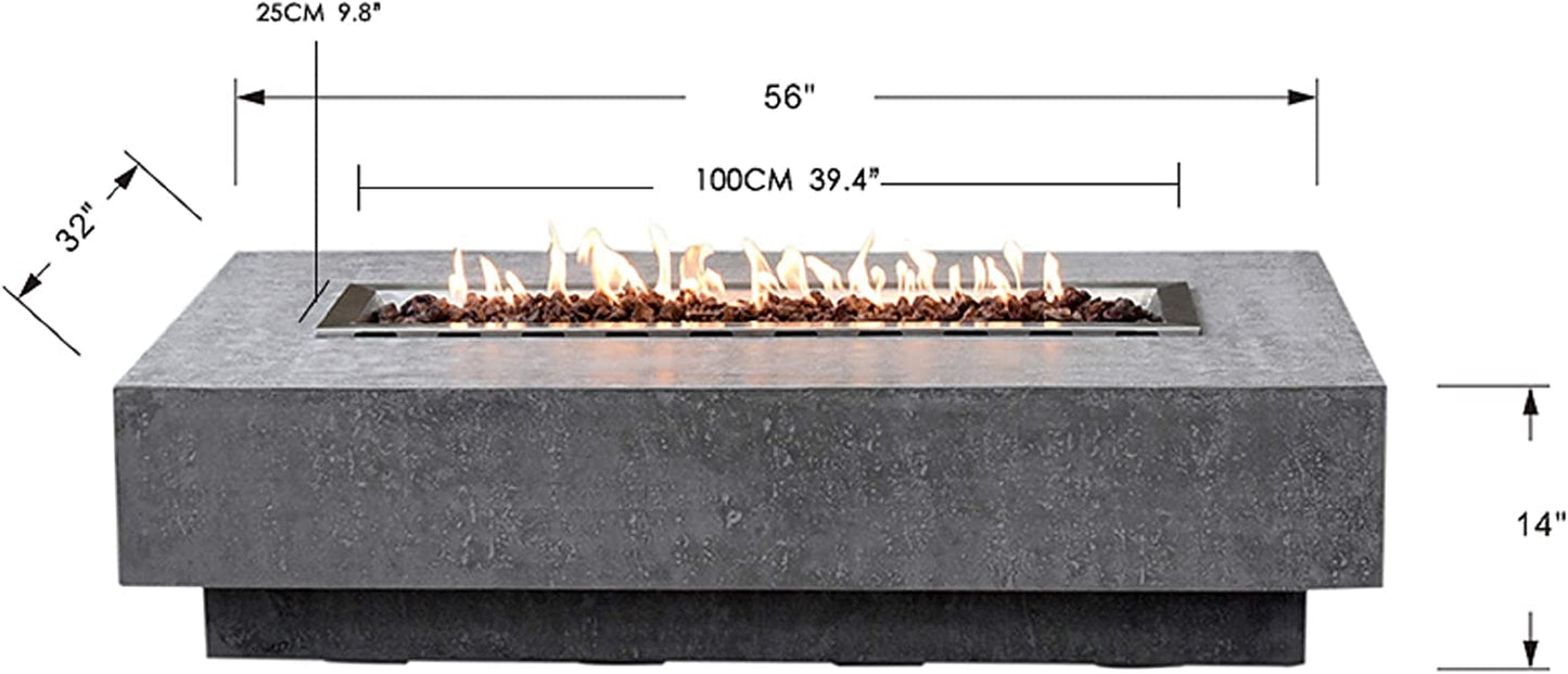 Hampton Outdoor Fire Pit Table 56 Inches Rectangular Firepit Concrete Patio Heater Electronic Ignition Backyard Fireplace Cover Lava Rock Included, Liquid Propane