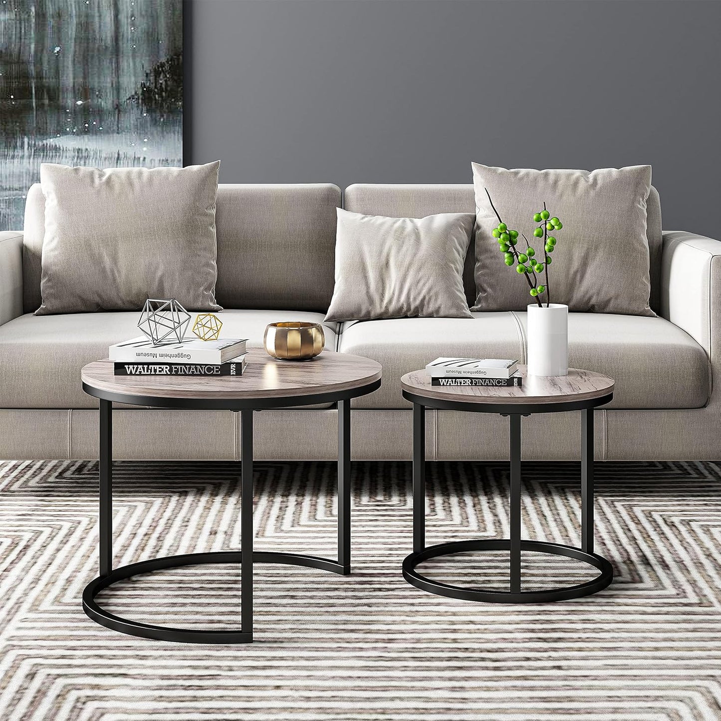 Modern Nesting Coffee Table Set of 2 for Living Room, Balcony, Garden, round Table with Wood Side, Sturdy Metal Frame, Easy Assemble,Antique Grey