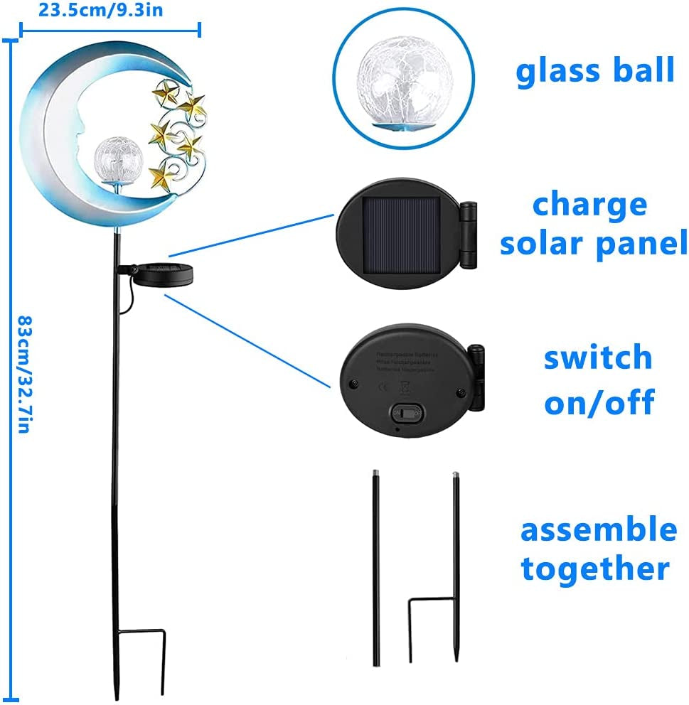 Solar Moon Lights, Outdoor Garden Lights with Crackle Glass Ball and Golden Stars, Waterproof Pathway Stake Lights for Lawn, Patio, Yard (1 Pack, Blue)