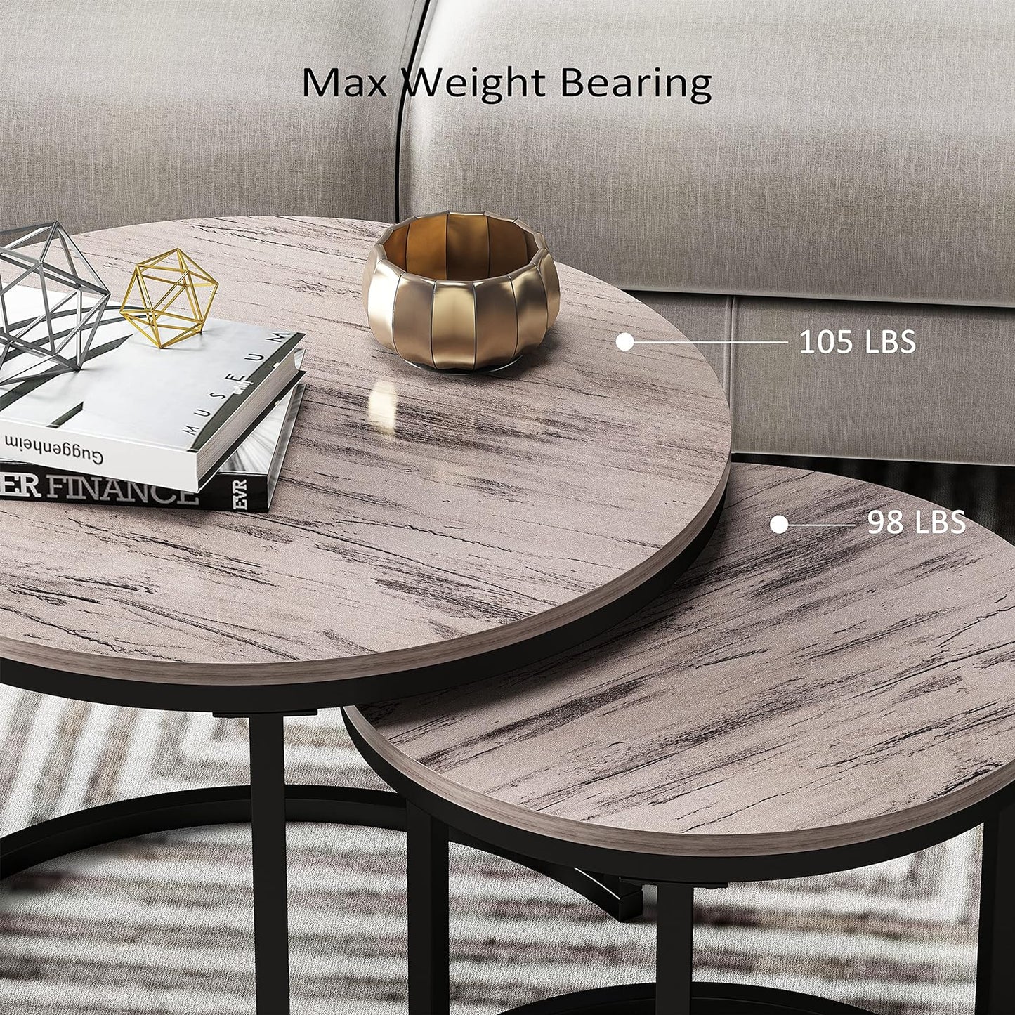 Modern Nesting Coffee Table Set of 2 for Living Room, Balcony, Garden, round Table with Wood Side, Sturdy Metal Frame, Easy Assemble,Antique Grey