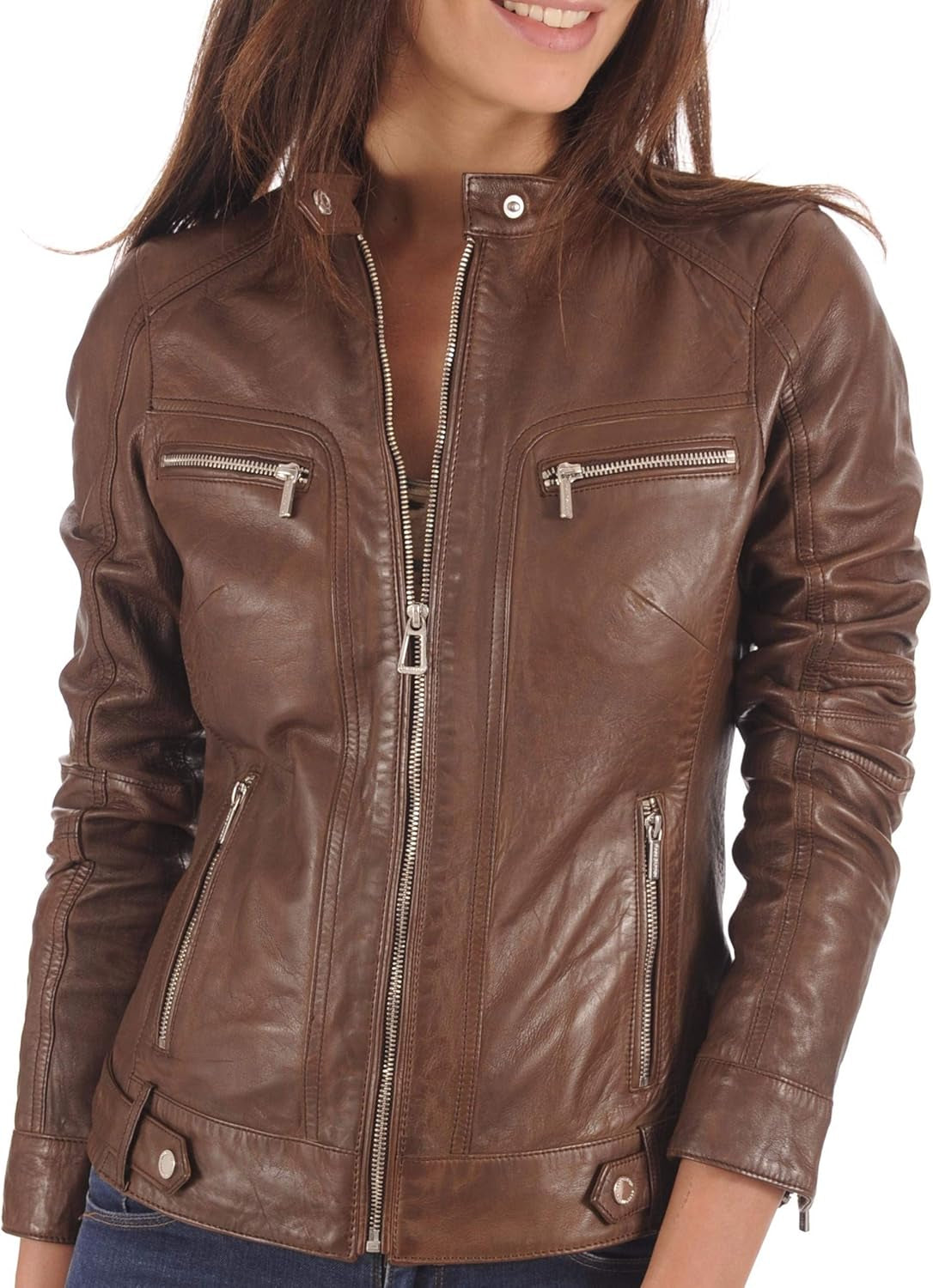 Womens Leather Jacket Zippers Real Lambskin Leather Jacket for Womens
