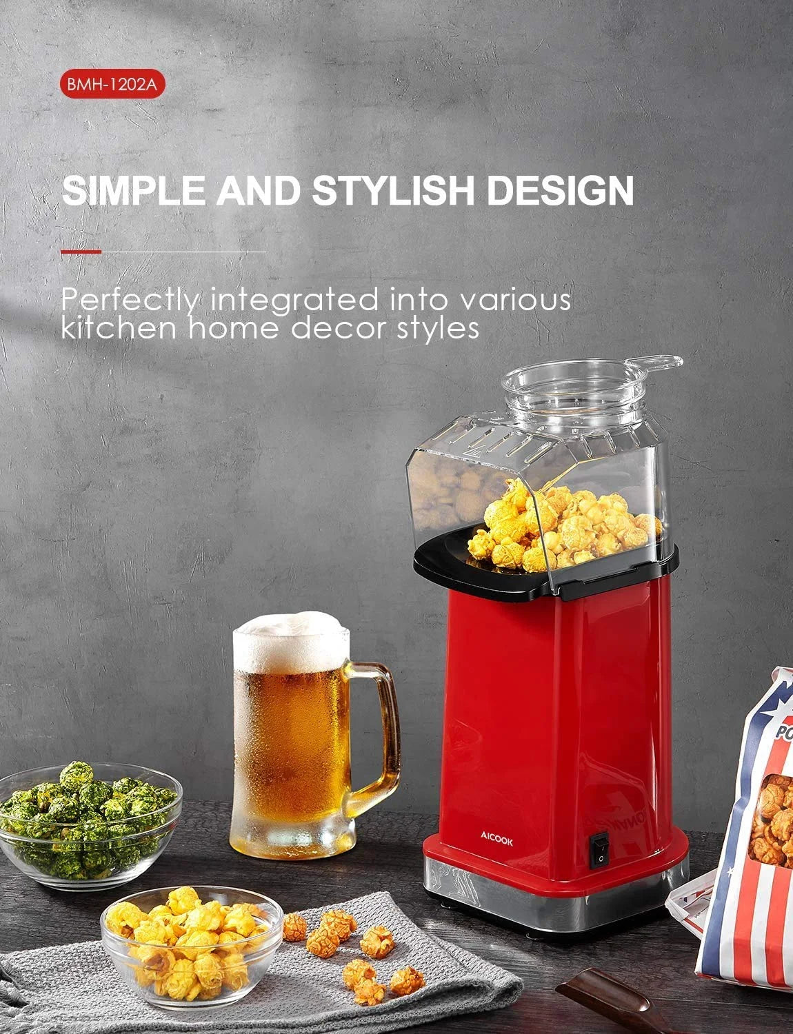 18Cups Hot Air Popcorn Popper Maker, 1400W, Oil-Free, with Measuring Cup, Red