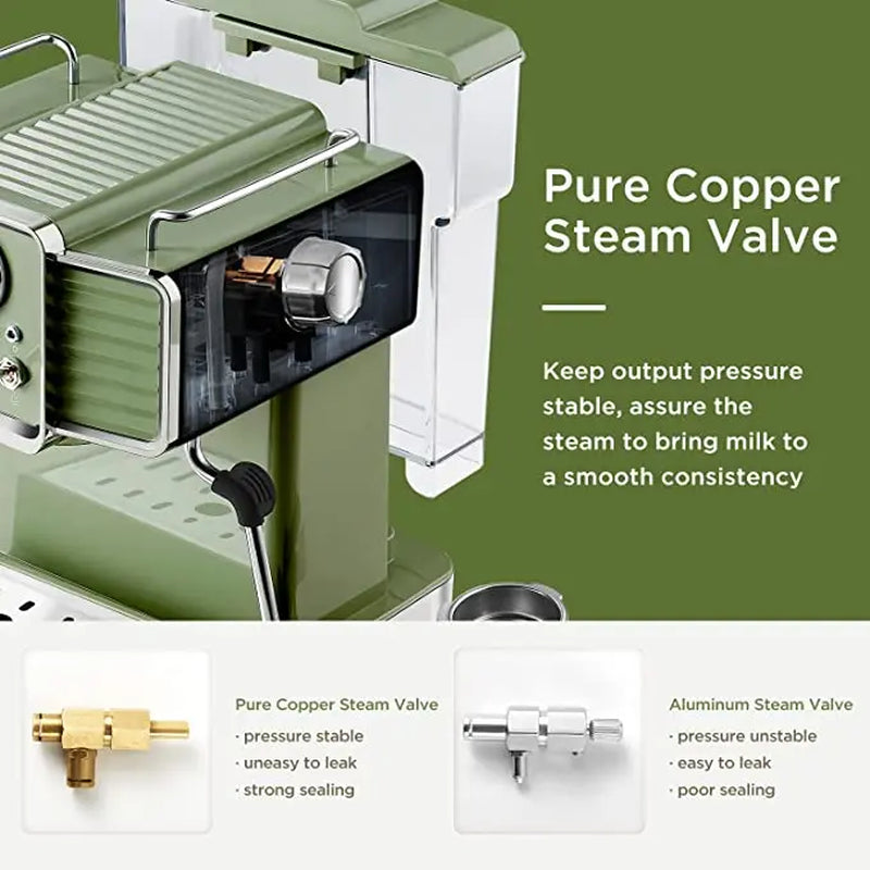 Neretva Espresso Coffee Machine 15 Bar Espresso Maker with Milk Frother Steam Wand Cappuccino, Latte for Home Barista, 1.6L Removable Water Tank, Coffee Spoon, Milk Frothing Pitcher, Vintage Green