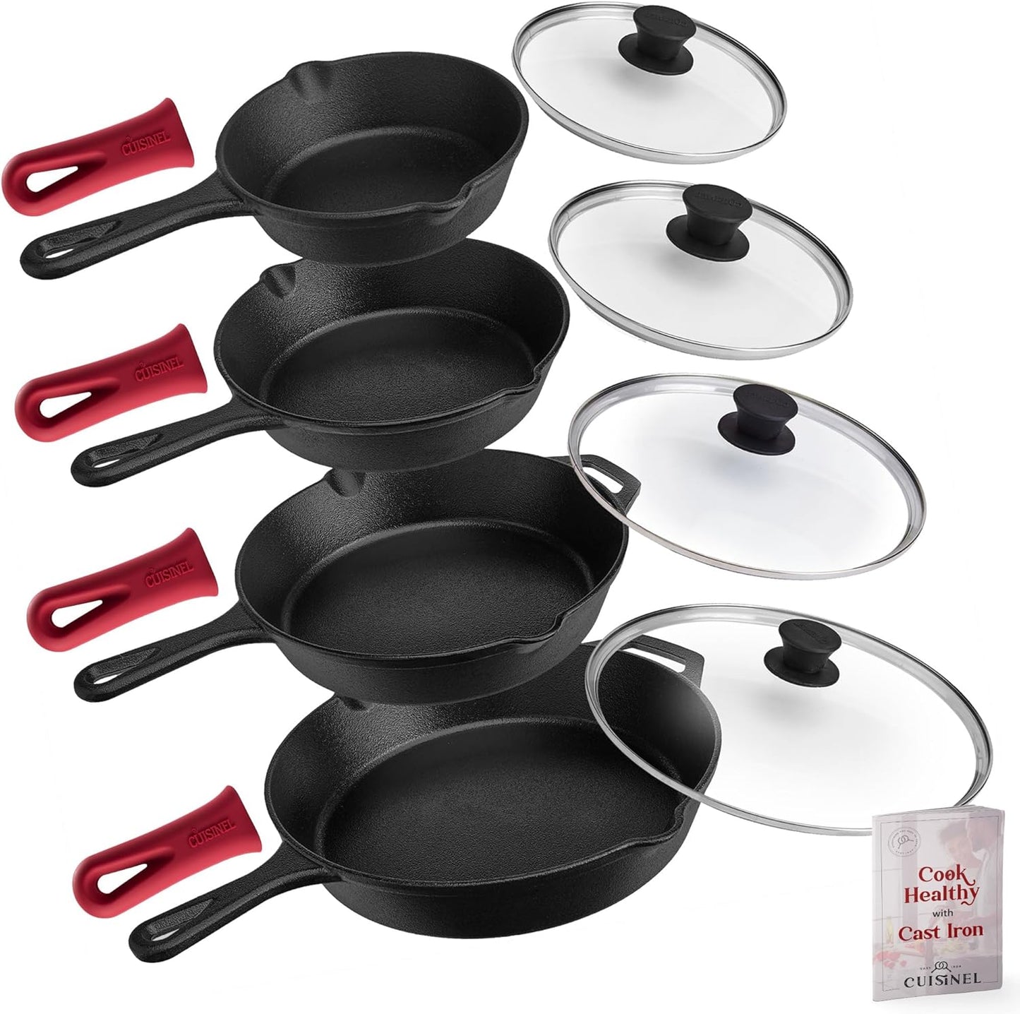 "Ultimate Cast Iron Skillets Set - Pre-Seasoned 12", 10", & 8" Frying Pans with Silicone Grip Covers - Versatile Cookware for Indoor/Outdoor Cooking, BBQ, Oven, and More!"