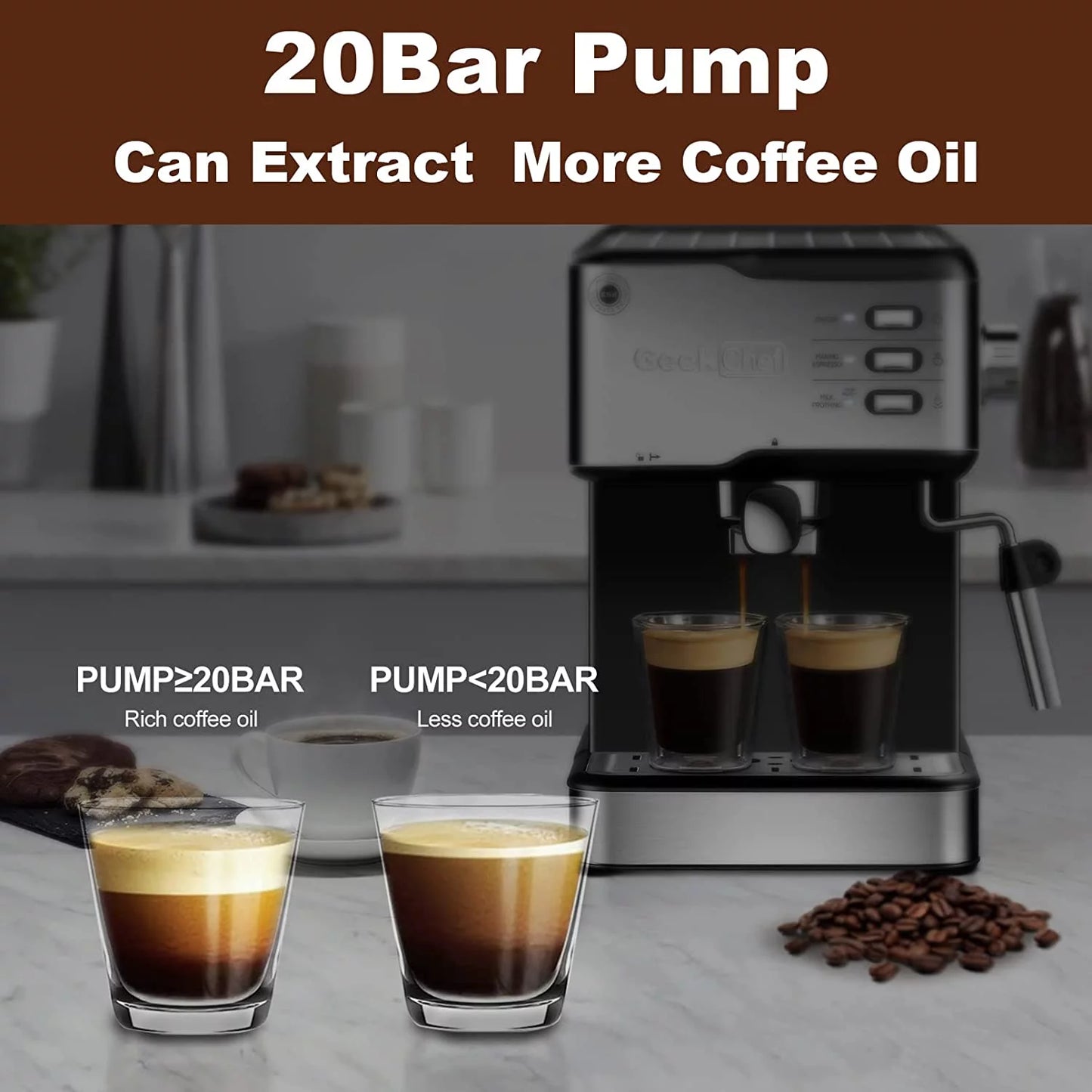 Espresso Machine, 20 Bar Coffee Maker with Milk Frother, 1.5L Water Tank, Stainless Steel
