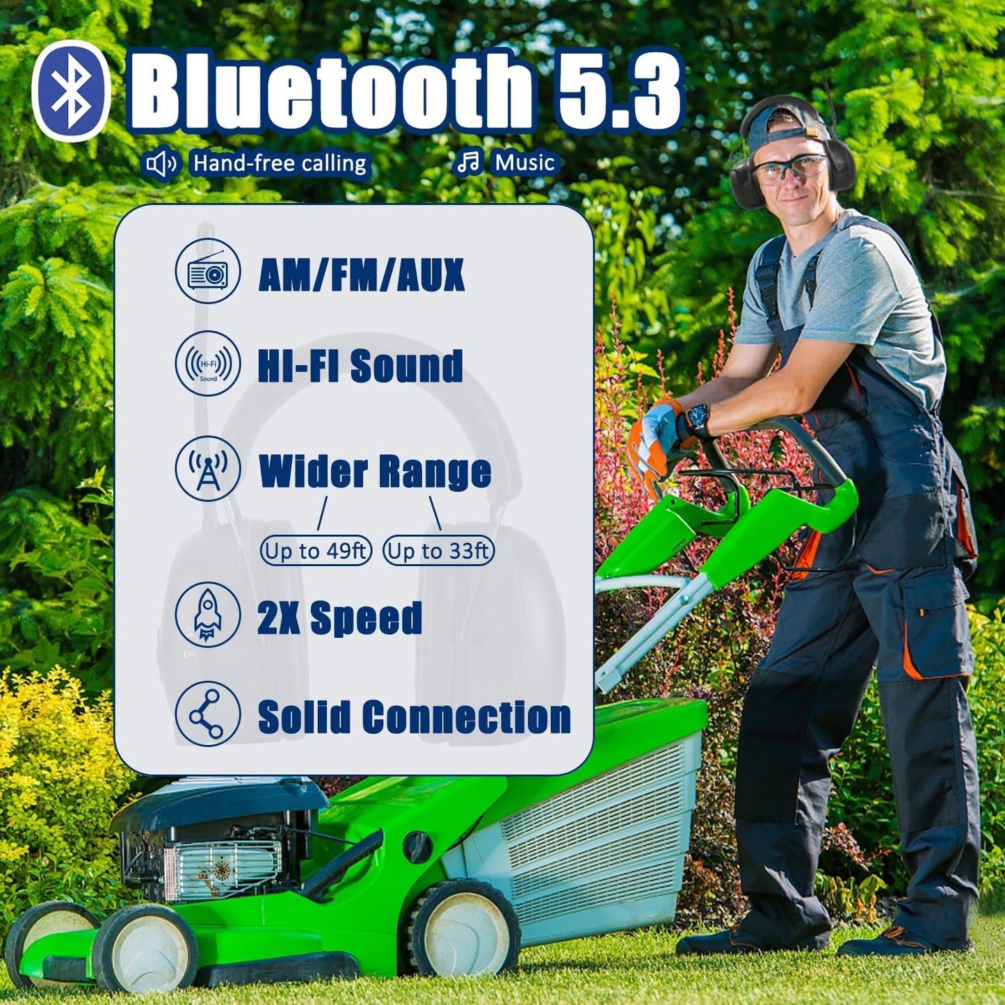 033 Upgraded 5.3 Bluetooth Hearing Protection AM FM Radio Headphones, Noise Reduction Safety Earmuffs with Rechargeable 2000 Mah Battery, Ear Protector for Mowing Lawn Work - Black