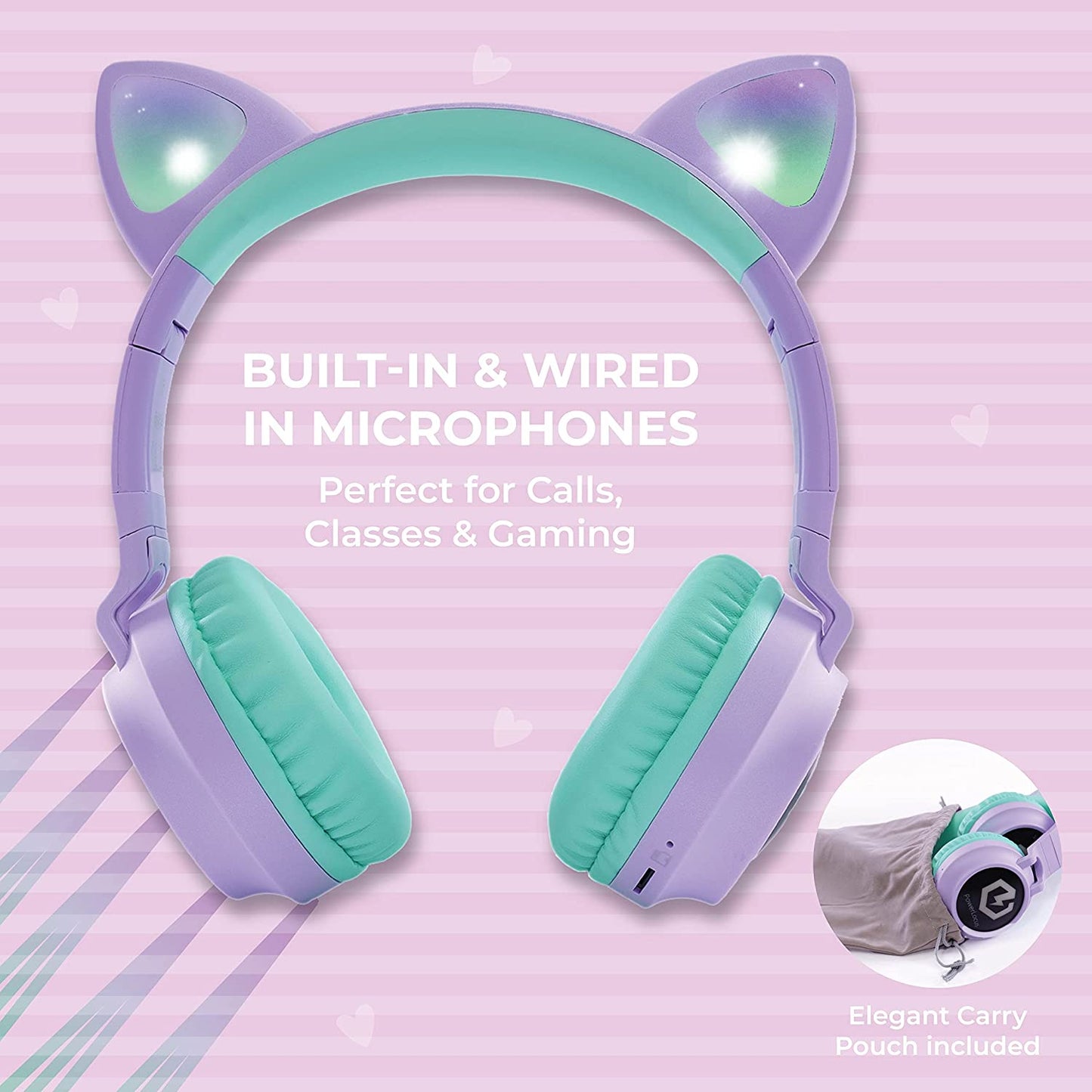Kids Cat Ear Headphones, Kids Bluetooth Headphones, LED Lights Up, Safe Volume Limit, Micro SD/TF, Bluetooth 5.3, Kids Headphones Wireless for Ipad, Travel,Tablet (Purple/Teal)