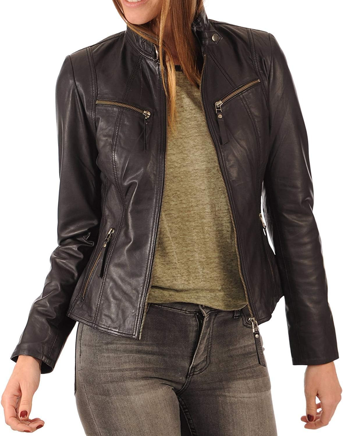 Womens Leather Jacket Zippers Real Lambskin Leather Jacket for Womens