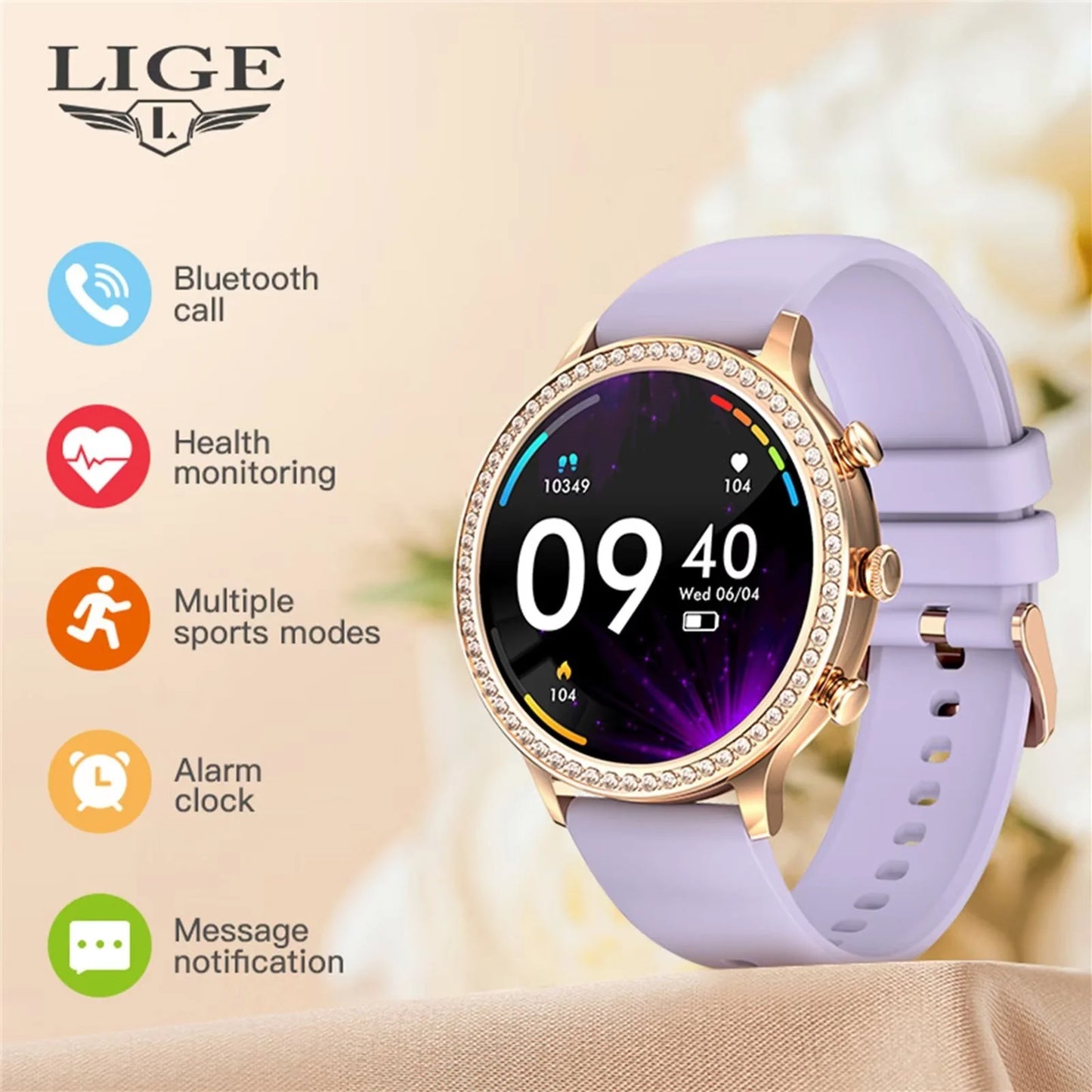 Women Purple Smart Watches for Android Iphone Bluetooth Call Custom Dials Stainless Strip