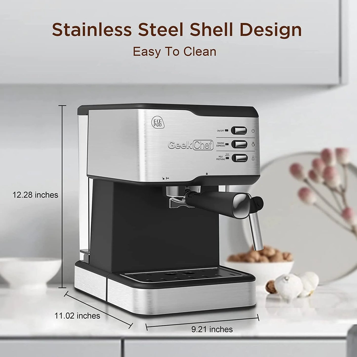 Espresso Machine, 20 Bar Coffee Maker with Milk Frother, 1.5L Water Tank, Stainless Steel