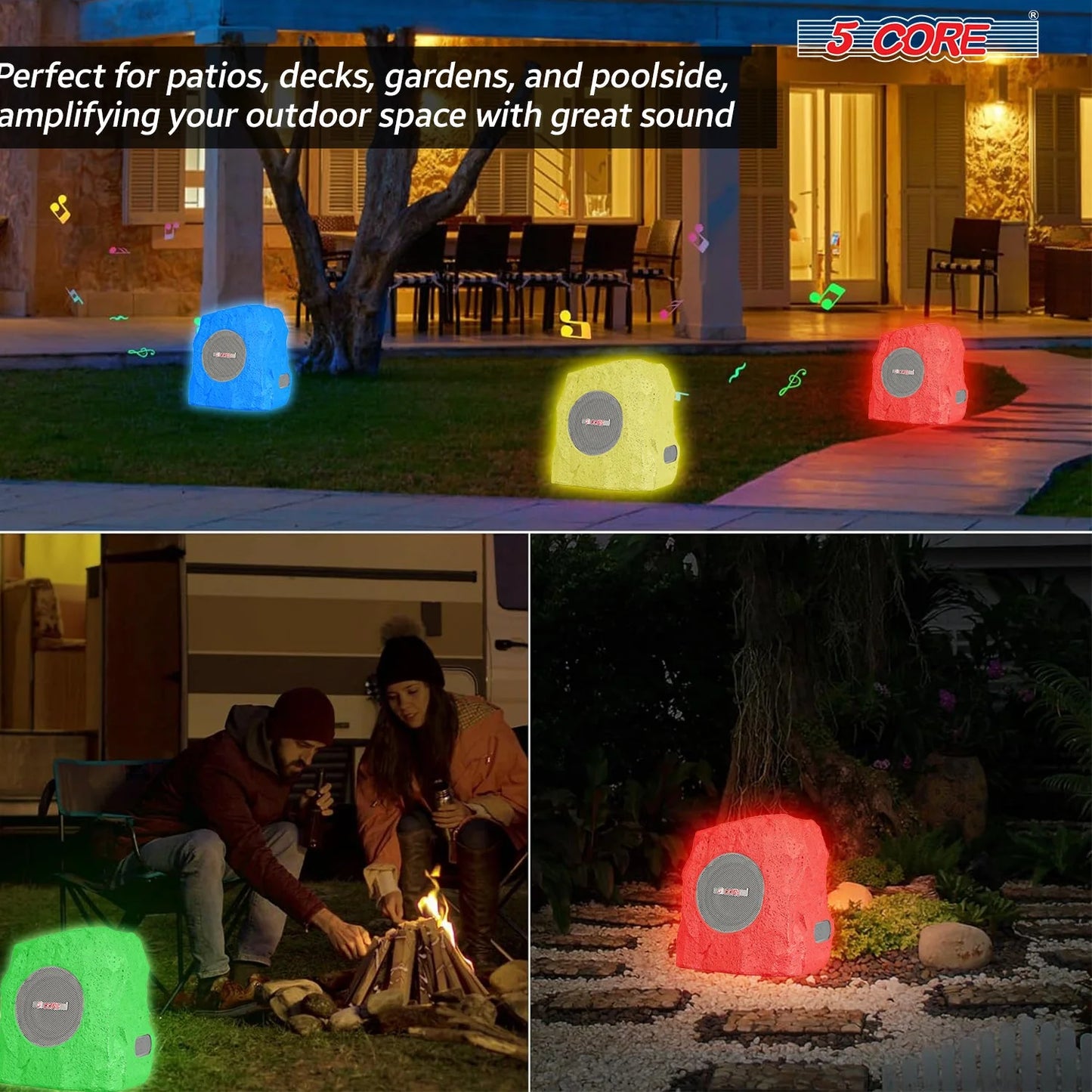 5Core Outdoor Speakers Bluetooth Waterproof Wireless Linkable TWS 10W Pool Patio Garden Rock Subwoofer