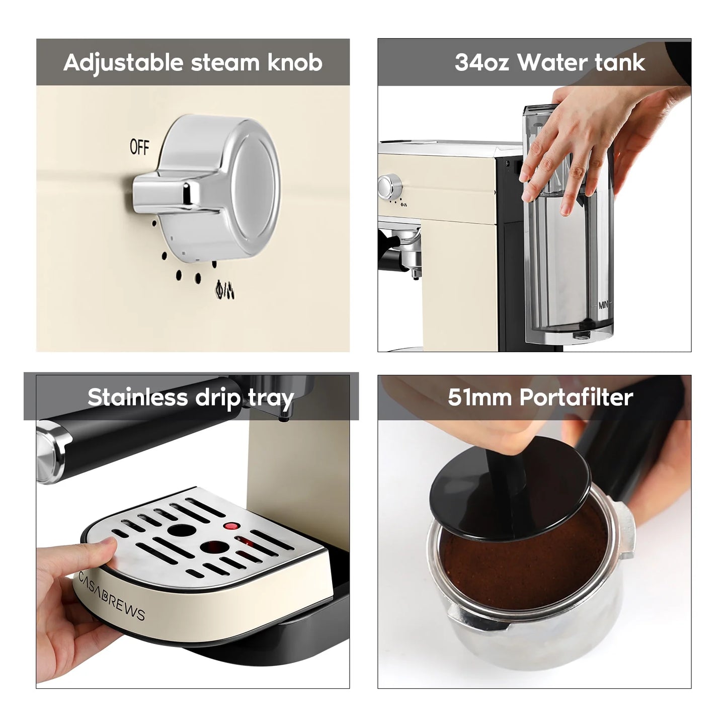 20 Bar Espresso Machine with Milk Frother and 34 Oz Water Tank, Stainless Steel, New, Beige