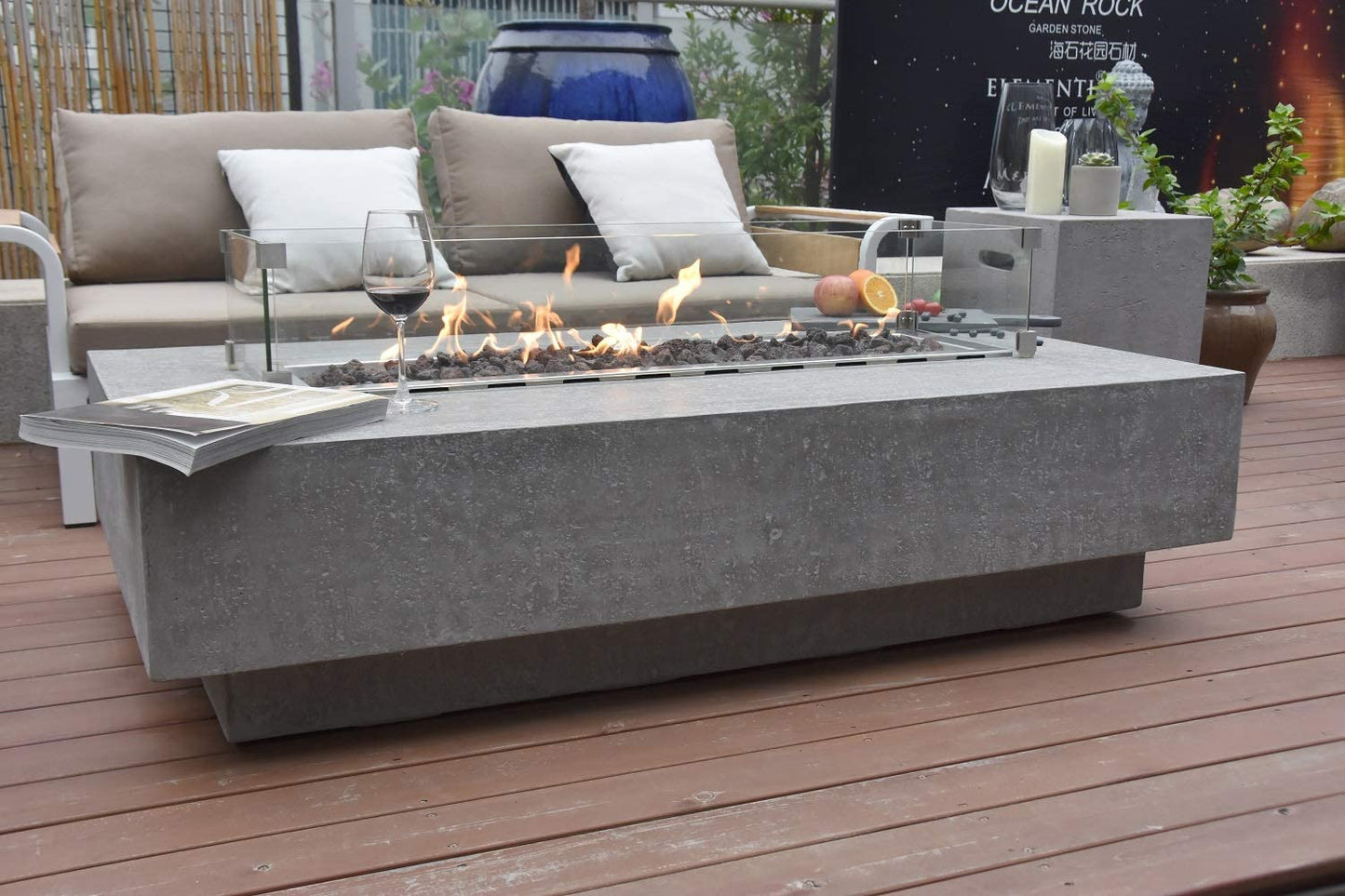 Hampton Outdoor Fire Pit Table 56 Inches Rectangular Firepit Concrete Patio Heater Electronic Ignition Backyard Fireplace Cover Lava Rock Included, Liquid Propane