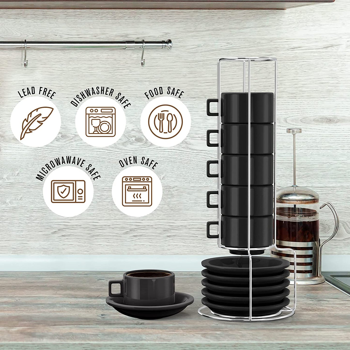 Espresso Cups and Saucers with Spoons, Black, Stackable Demitasse with Metal Stand, 19 Pieces, 2.5 Ounce, Porcelain, Tea Kit, Teacups, Turkish Coffee Mug, Organizer Rack