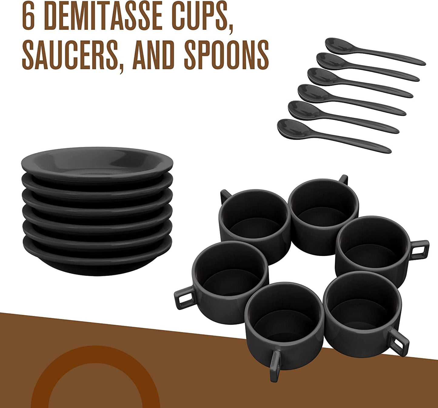 Espresso Cups and Saucers with Spoons, Black, Stackable Demitasse with Metal Stand, 19 Pieces, 2.5 Ounce, Porcelain, Tea Kit, Teacups, Turkish Coffee Mug, Organizer Rack