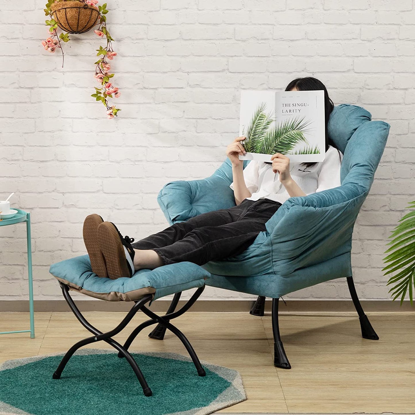 15"(H) Folding Footrest Stool, Upholstered Small Foldable Ottoman, Accent Padded Sofa Foot Stool for Lazy Chair, Metal Frame Portable Foot Rest Ottoman for Home, Living Room, Bedroom, Blue