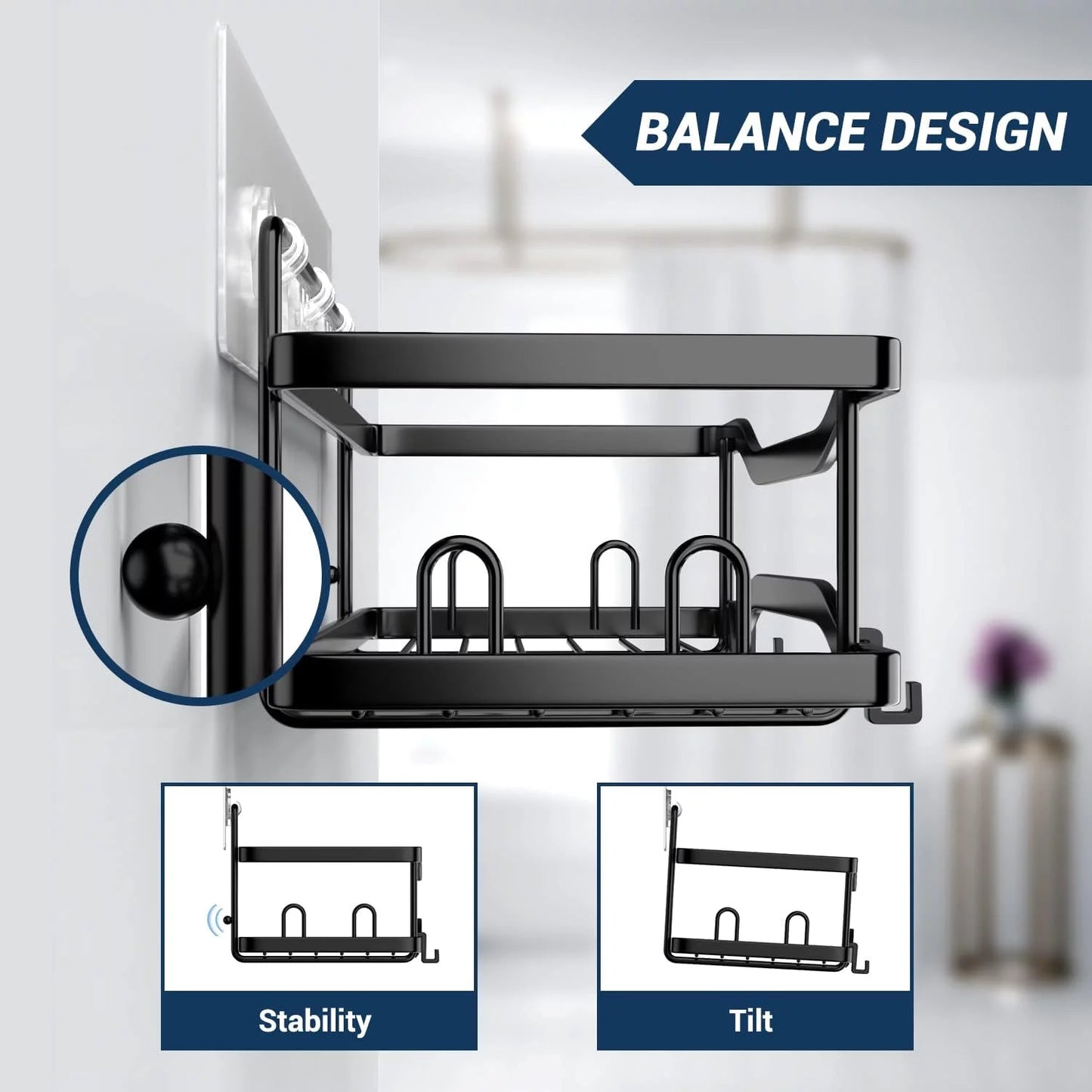 Bathroom Shower Caddy , 2 Pack Stainless Steel Adhesive Shelves with Hooks, Toothpaste & Soap Holder, No Drilling Rustproof Bathroom Shower Organizer for Shower Storage Black