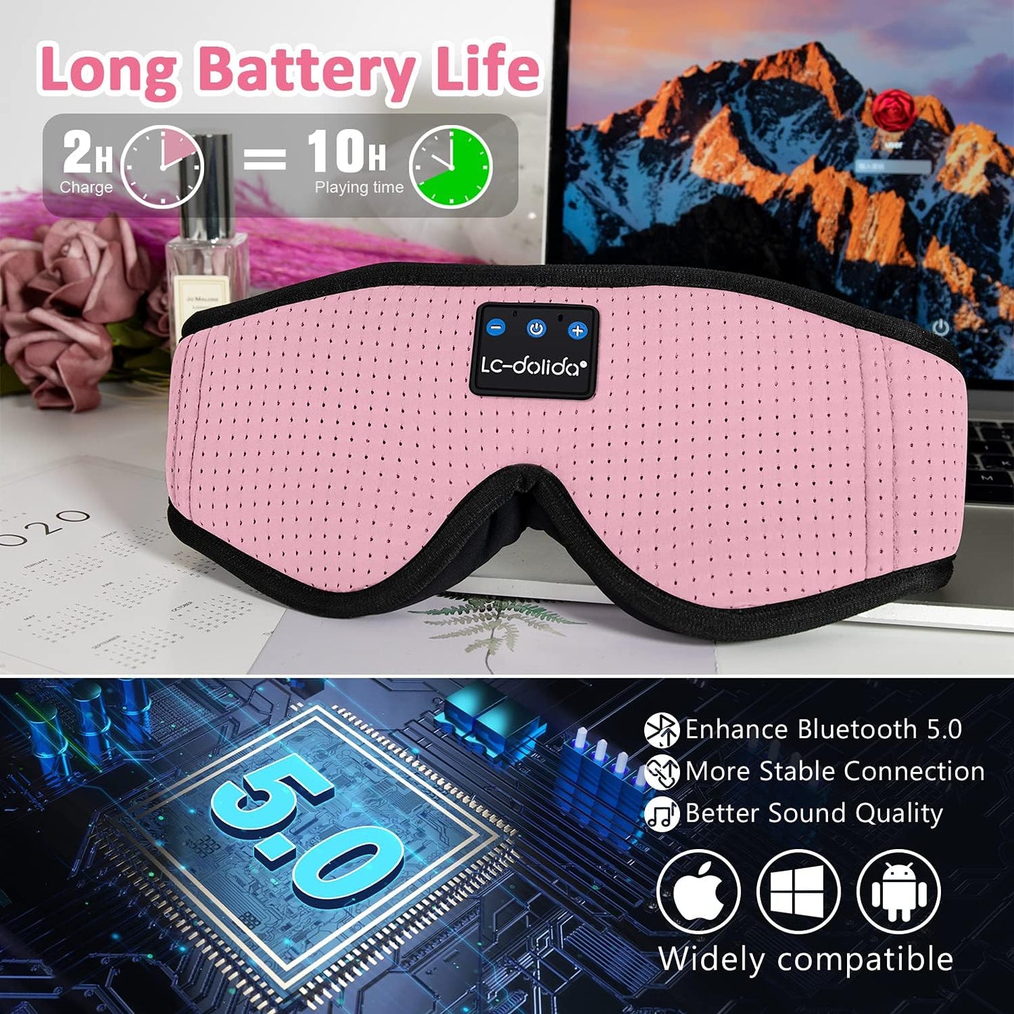Sleep Mask with Bluetooth Headphones, 3D Sleep Headphones Bluetooth Sleep Mask Breathable Sleeping Headphones for Side Sleepers Best Gift and Travel Essential (Pink)