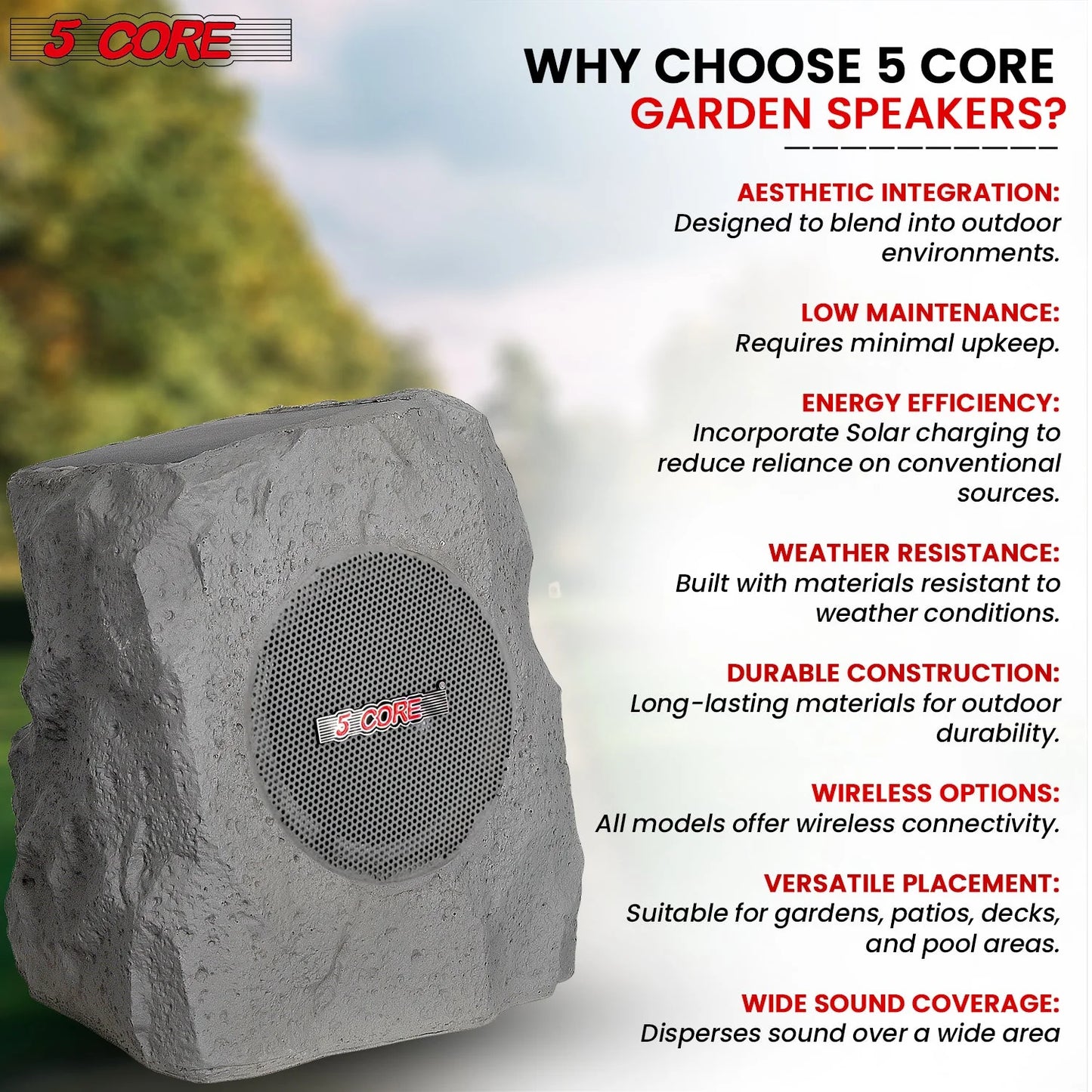 5Core Outdoor Speakers Bluetooth Waterproof Wireless Linkable TWS 10W Pool Patio Garden Rock Subwoofer