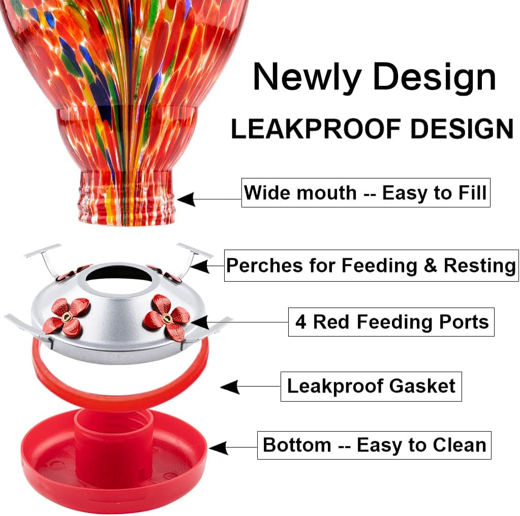 Hummingbird Feeder for Outdoors Patio Large 32 Ounces Colorful Hand Blown Glass Hummingbird Feeder with Ant Moat Hanging Hook, Rope, Brush and Service Card (Red-Firework)