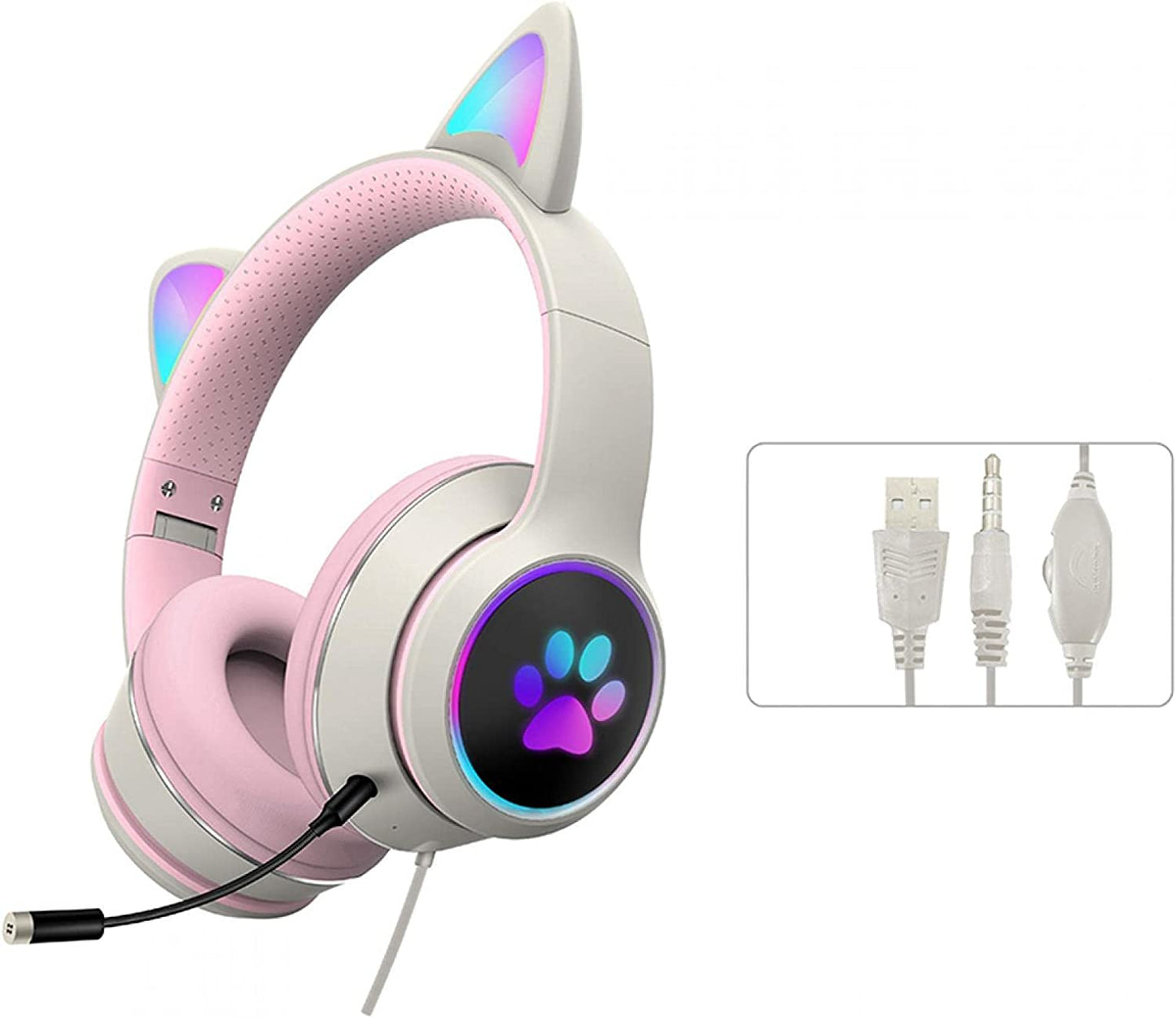 Ear Headphones, Cat Ear LED Light up Foldable Headphones Hifi 3.5MM Noise Reduction Headphones Computer Gaming Headset Cat Ear Headphone with Microphone and Volume Control