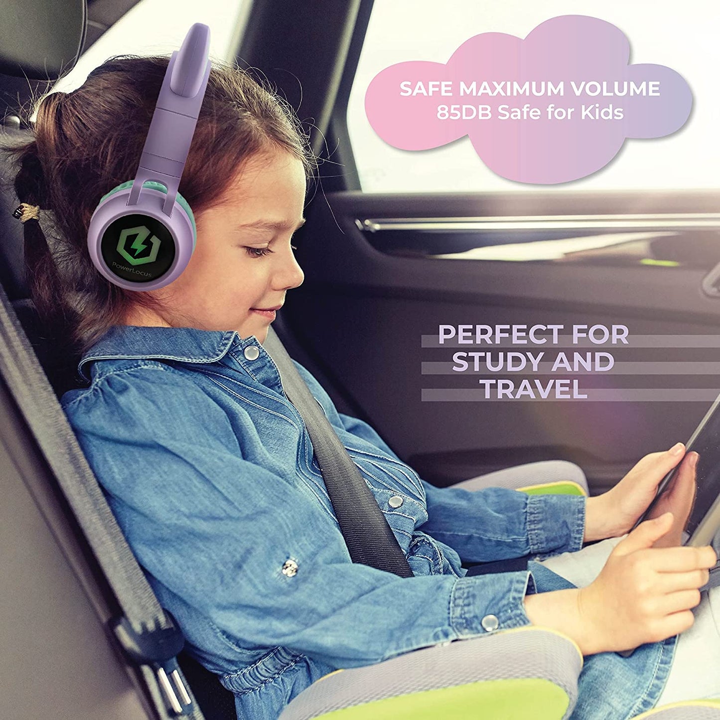 Kids Cat Ear Headphones, Kids Bluetooth Headphones, LED Lights Up, Safe Volume Limit, Micro SD/TF, Bluetooth 5.3, Kids Headphones Wireless for Ipad, Travel,Tablet (Purple/Teal)