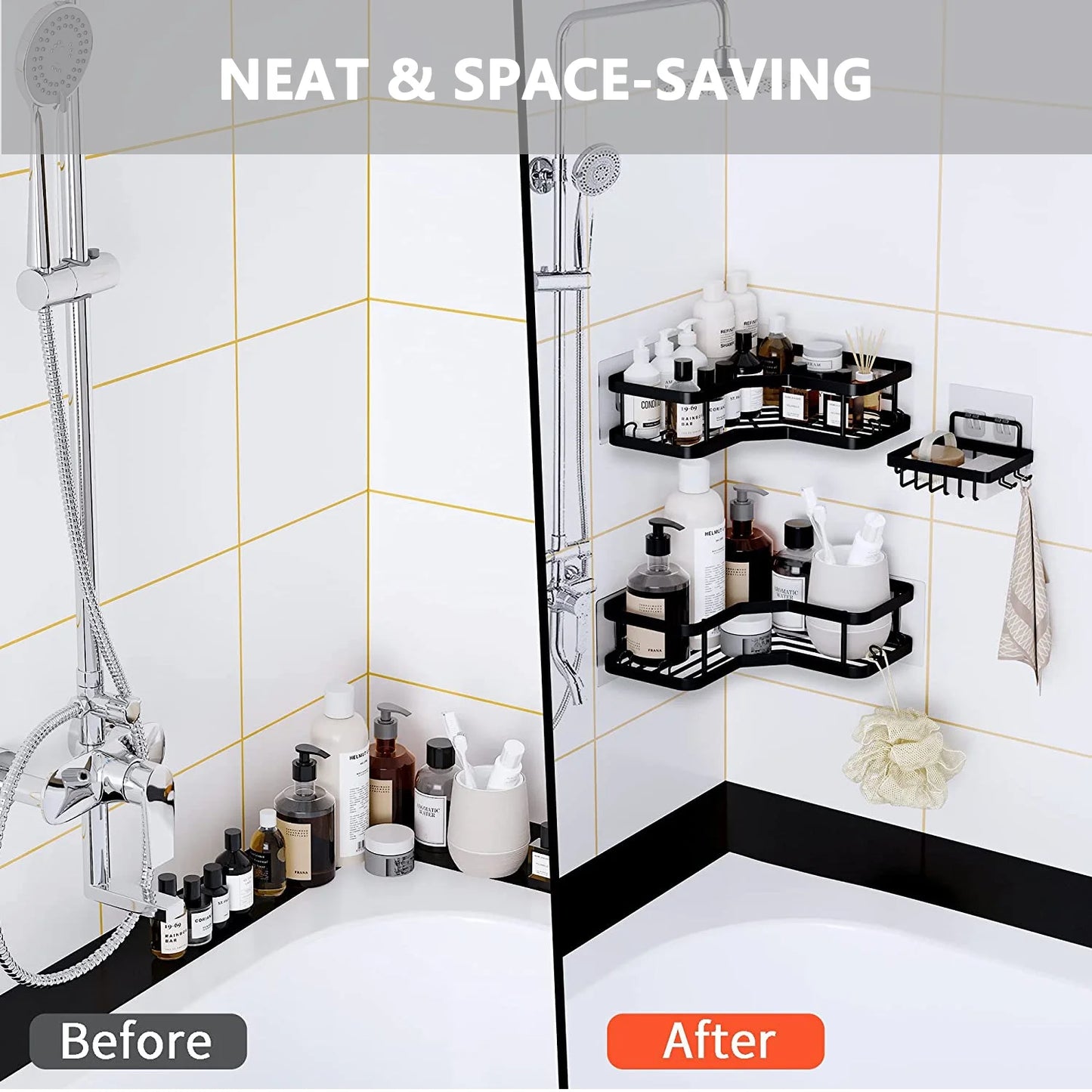 3 PCS Corner Shower Caddy Shower Organizer, 2 Tier Self-Adhesive Bathroom Organizer Shower Caddy Basket with Soap Holder, No Drilling Wall Mounted Rustproof Stainless Steel Shower Rack Black