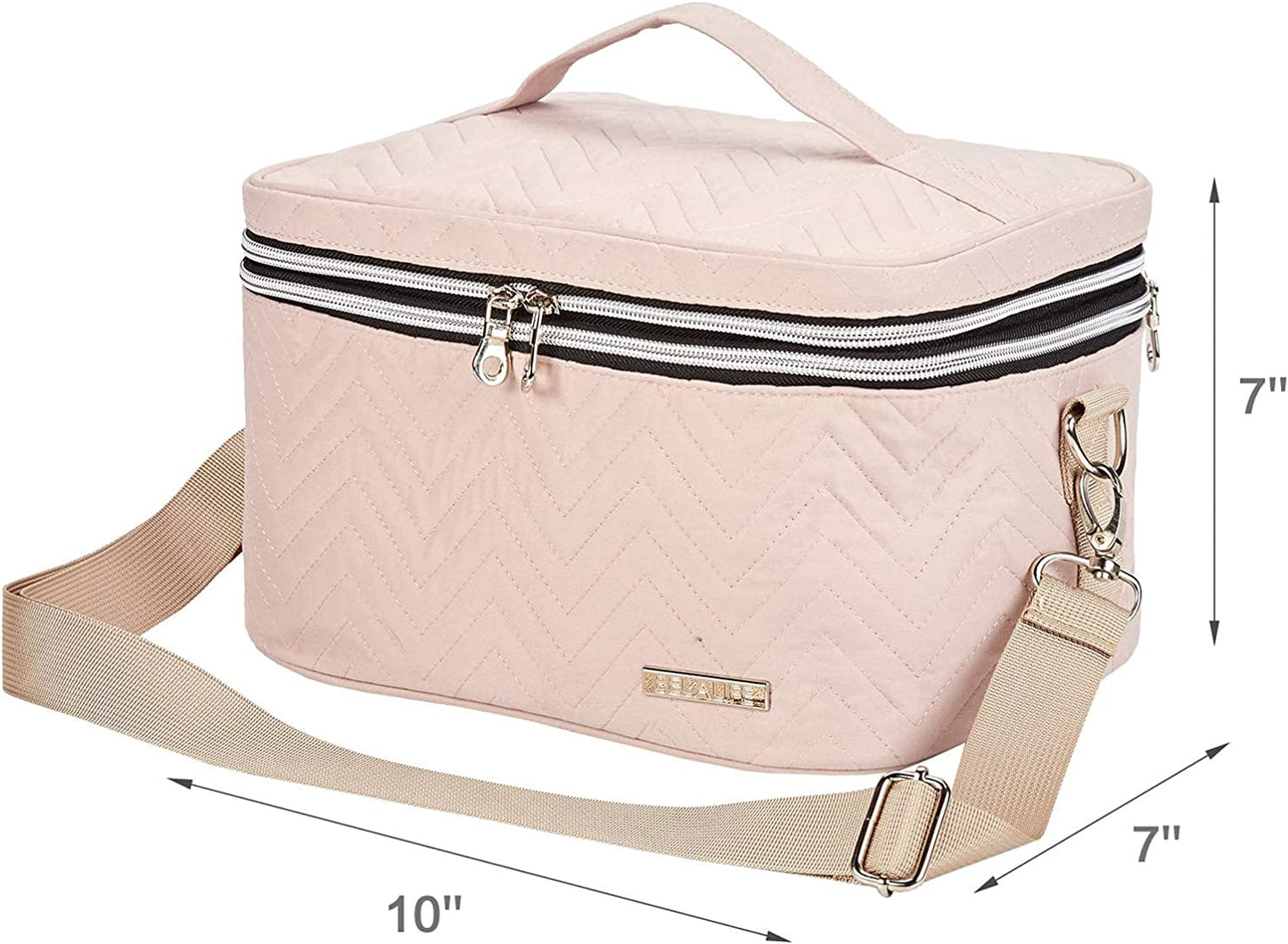 Double Layer Makeup Bag for Travel, Portable Cosmetic Organizer for Brushes Sets, Large Toiletry Holder with Straps, Pink