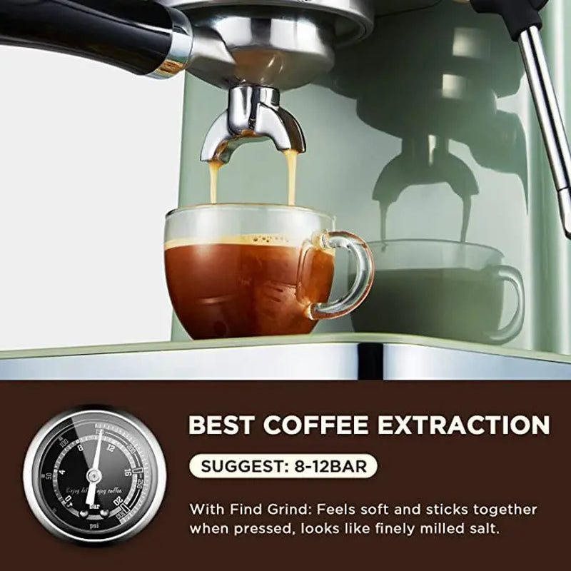 Neretva Espresso Coffee Machine 15 Bar Espresso Maker with Milk Frother Steam Wand Cappuccino, Latte for Home Barista, 1.6L Removable Water Tank, Coffee Spoon, Milk Frothing Pitcher, Vintage Green