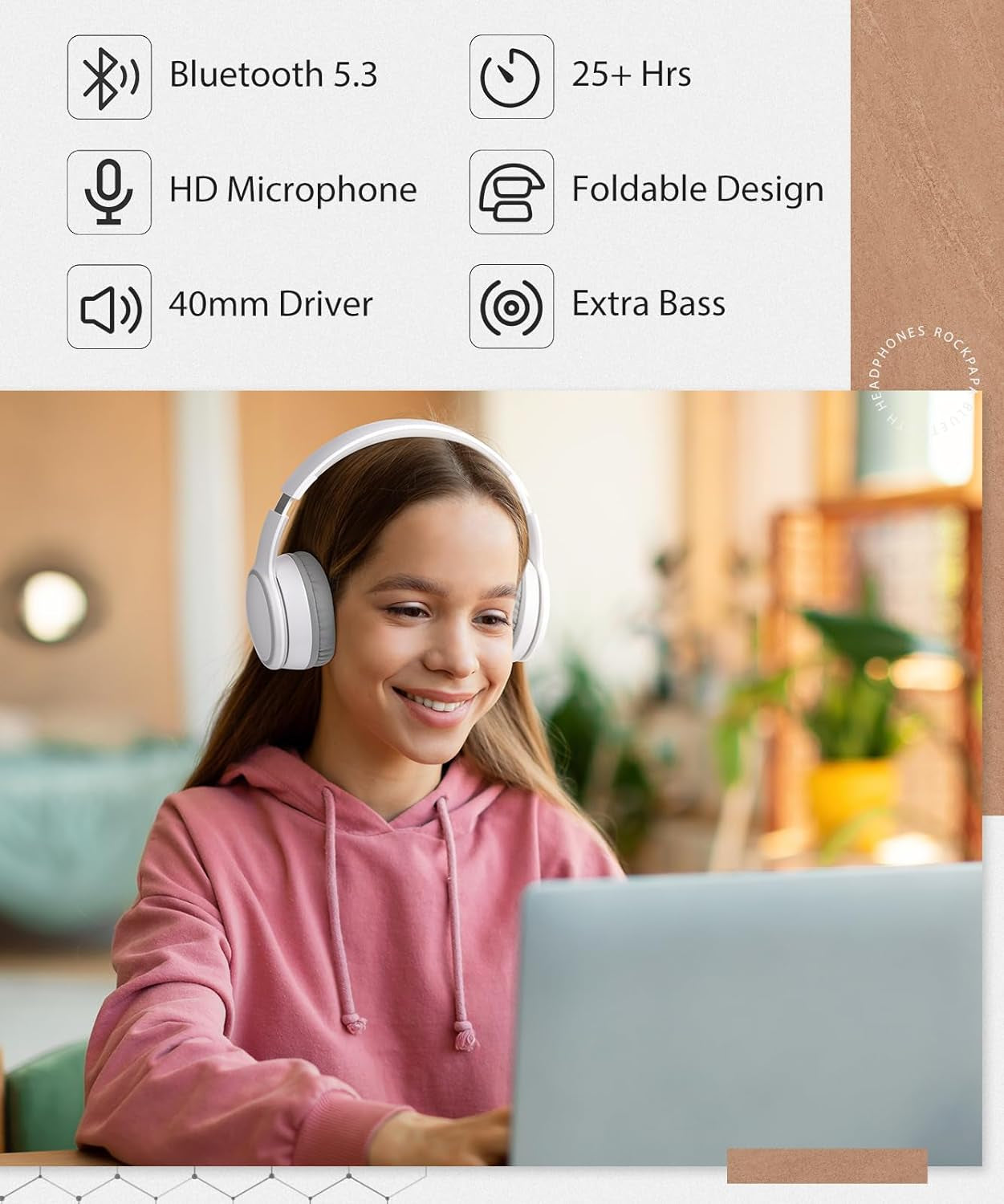 E9 over Ear Bluetooth Headphones for Kids Children Boy Girl Adult, Stereo Foldable Wired/Wireless Headphones with Microphone for School Travel Tablet PC TV, Include Case, White Grey