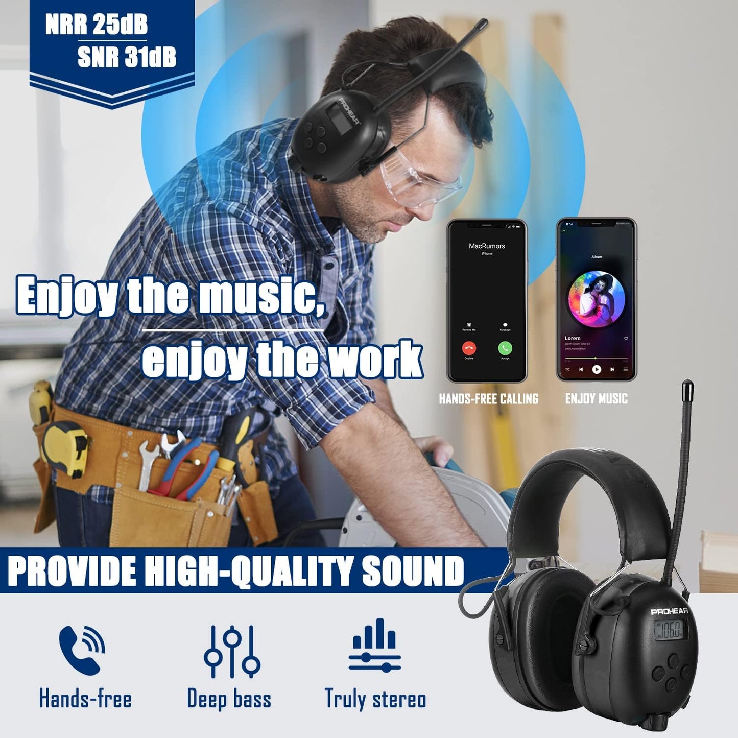 033 Upgraded 5.3 Bluetooth Hearing Protection AM FM Radio Headphones, Noise Reduction Safety Earmuffs with Rechargeable 2000 Mah Battery, Ear Protector for Mowing Lawn Work - Black