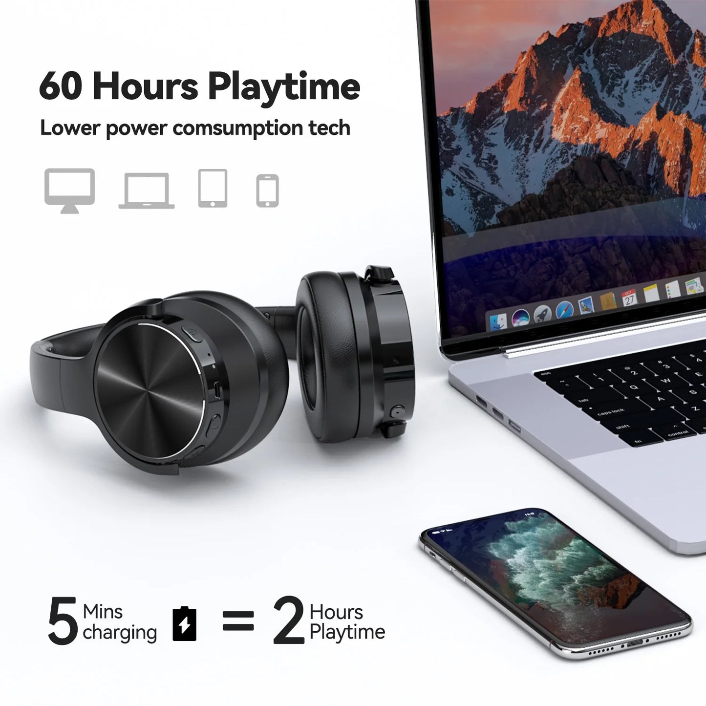 E9 Noise Cancelling Headphones,Wireless Bluetooth over Ear Headphones with Microphone - Black