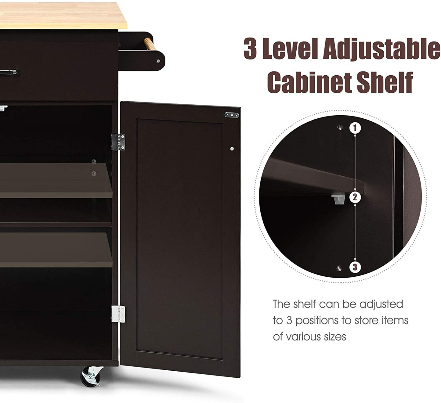 Rolling Kitchen Island, Kitchen Trolley Cart with Spice Rack, Large Drawer, Towel Rack, Storage Pantry Cabinet with Adjustable Shelf, Kitchen Cart on Wheels, Dining Room Furniture (Espresso)