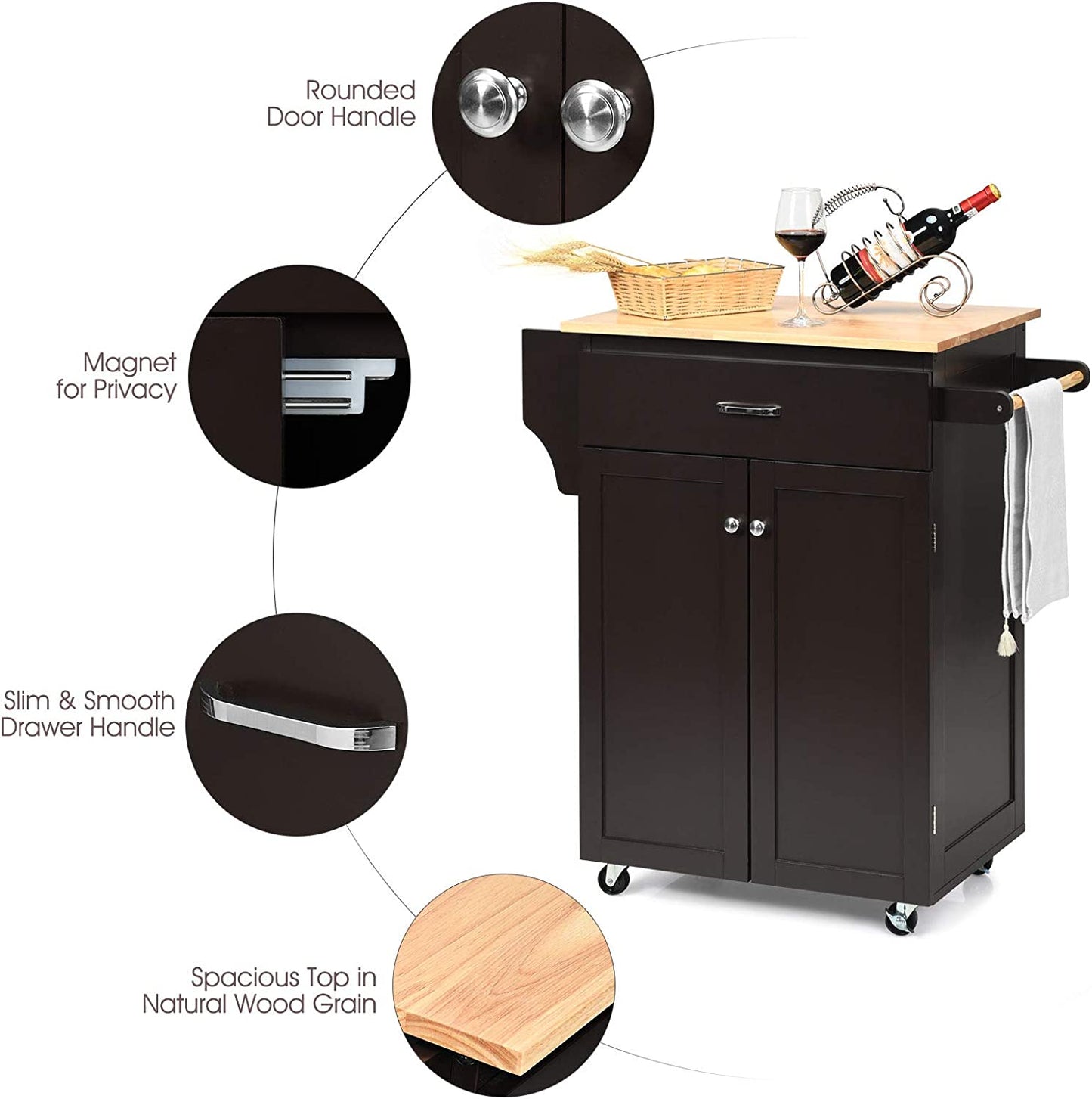 Rolling Kitchen Island, Kitchen Trolley Cart with Spice Rack, Large Drawer, Towel Rack, Storage Pantry Cabinet with Adjustable Shelf, Kitchen Cart on Wheels, Dining Room Furniture (Espresso)