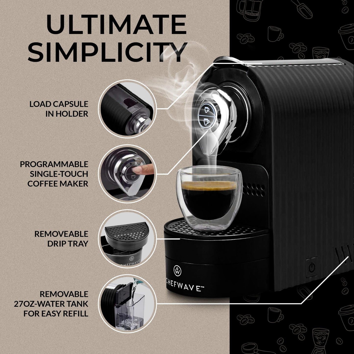 Espresso Machine for Nespresso Capsules (Black) with Holder and Cups
