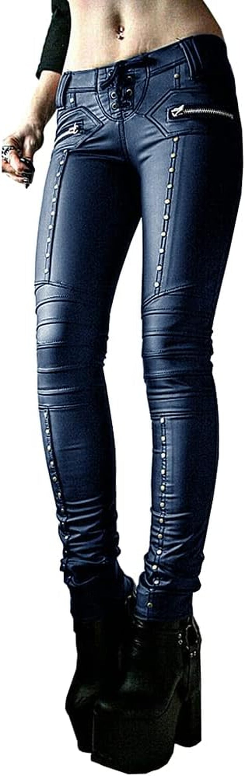 Women'S Faux Leather Leggings Gothic Punk Skinny PU Leather Pants Mid Rise Novelty Studded Tight Pants