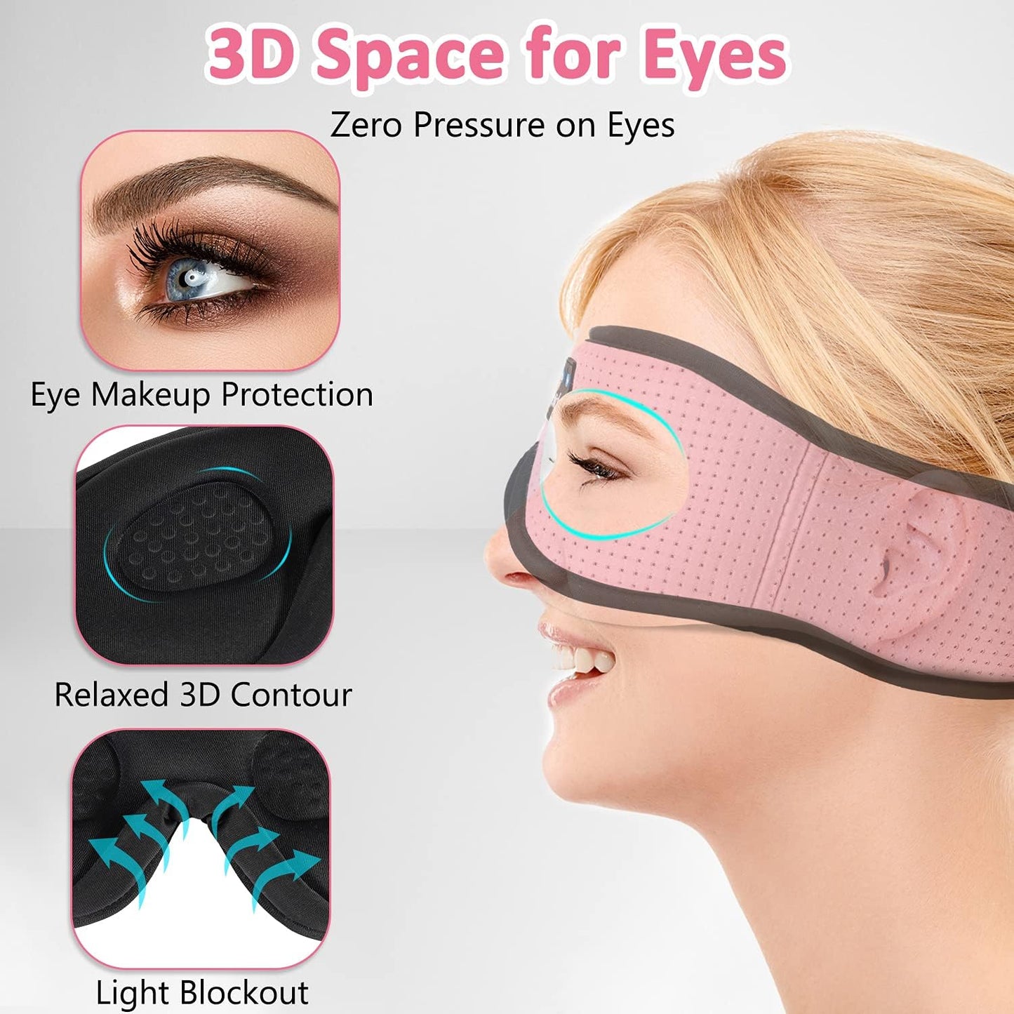 Sleep Mask with Bluetooth Headphones, 3D Sleep Headphones Bluetooth Sleep Mask Breathable Sleeping Headphones for Side Sleepers Best Gift and Travel Essential (Pink)