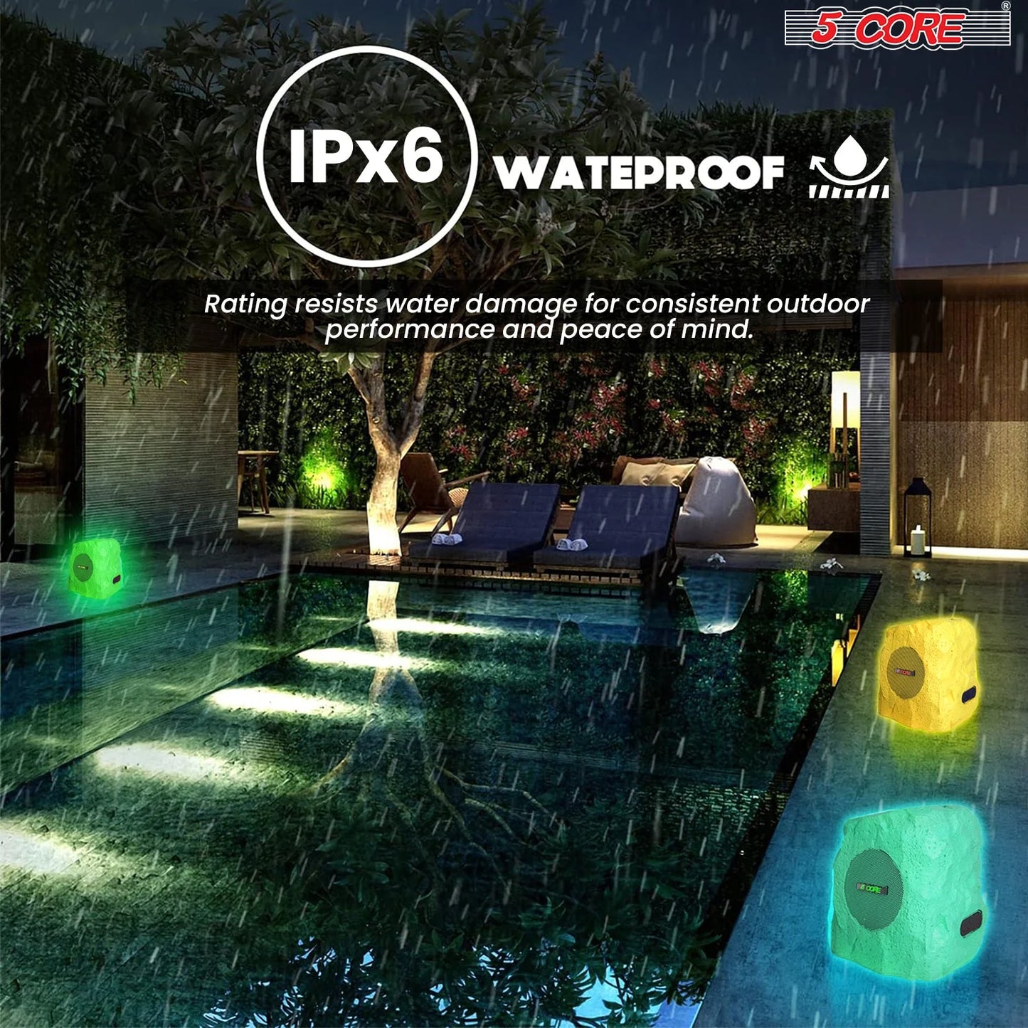 5Core Outdoor Speakers Bluetooth Waterproof Wireless Linkable TWS 10W Pool Patio Garden Rock Subwoofer