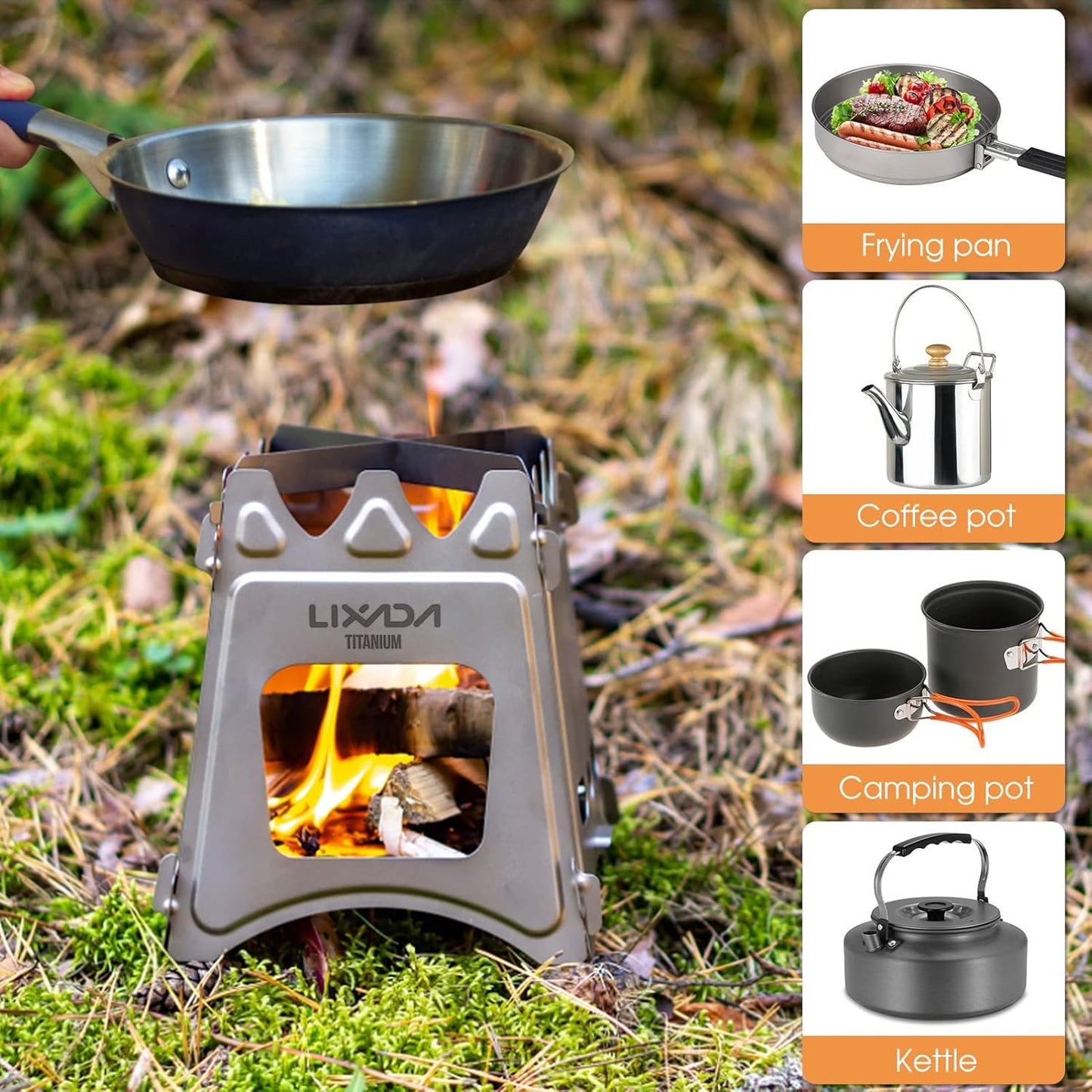 Camping Stove Titanium Wood Burning Stoves Portable Backpacking Stove with Min Titanium Alcohol Stove with Collapsible Bellow for Outdoor Camping Hiking Backpacking Picnic BBQ
