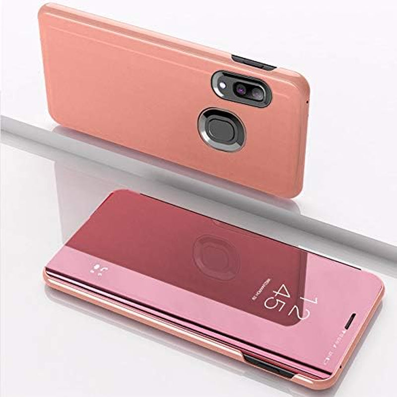LEECOCO for Samsung A20 Case Slim Luxury Clear View Electroplate Plating Mirror Makeup Stand Scratchproof Full Body Protective Flip Case Cover for Samsung Galaxy A20 / A30 Mirror PU Rose Gold