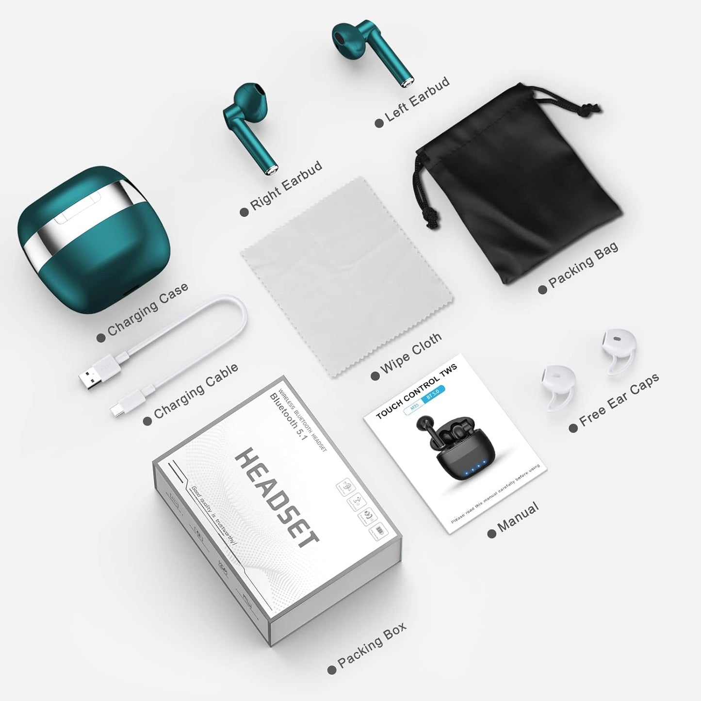 Wireless Earbuds, Bluetooth 5.2 ENC Noise Cancelling Deep Bass In-Ear Stereo Earphones, IPX6 Waterproof Headphones with Mic, USB-C Charging Case, Touch Control Ear Buds Headset for Iphone Android Ios