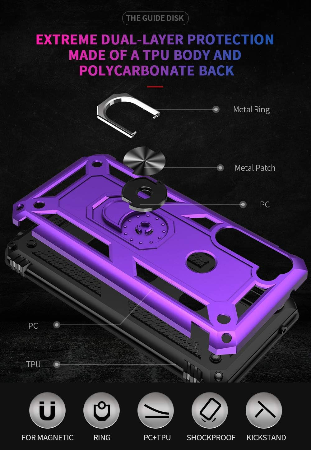 Moto G Stylus (2020) Case, Moto G Pro (2020) Case, with Tempered Glass Screen Protectors, Ring Kickstand Car Mount Shockproof Cover Case for Motorola Moto G Stylus/Pro, Purple