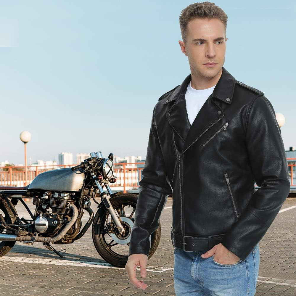 Leather Jackets for Men, Faux Bomber Jacket Men Motorcycle Lapel Asymmetric Zip-Up Blet Slim Fit Biker Coat