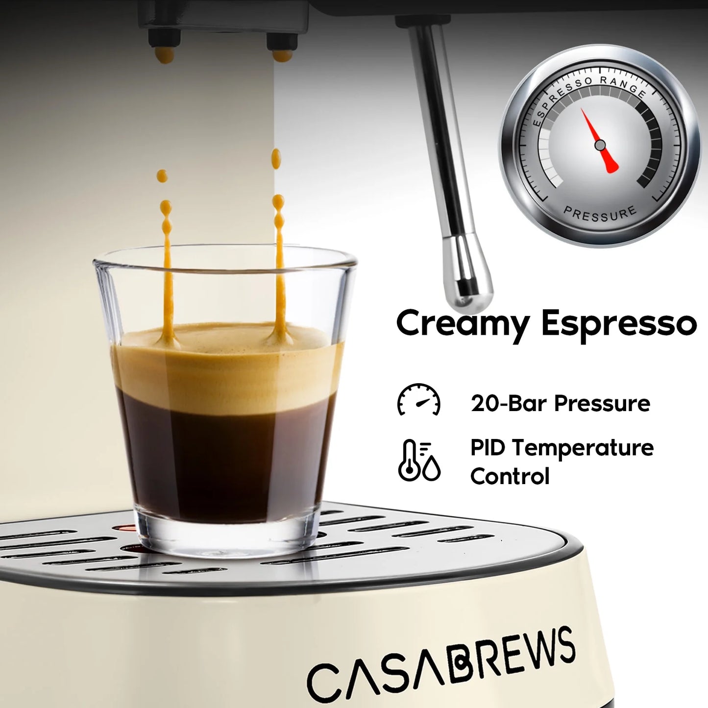 20 Bar Espresso Machine with Milk Frother and 34 Oz Water Tank, Stainless Steel, New, Beige