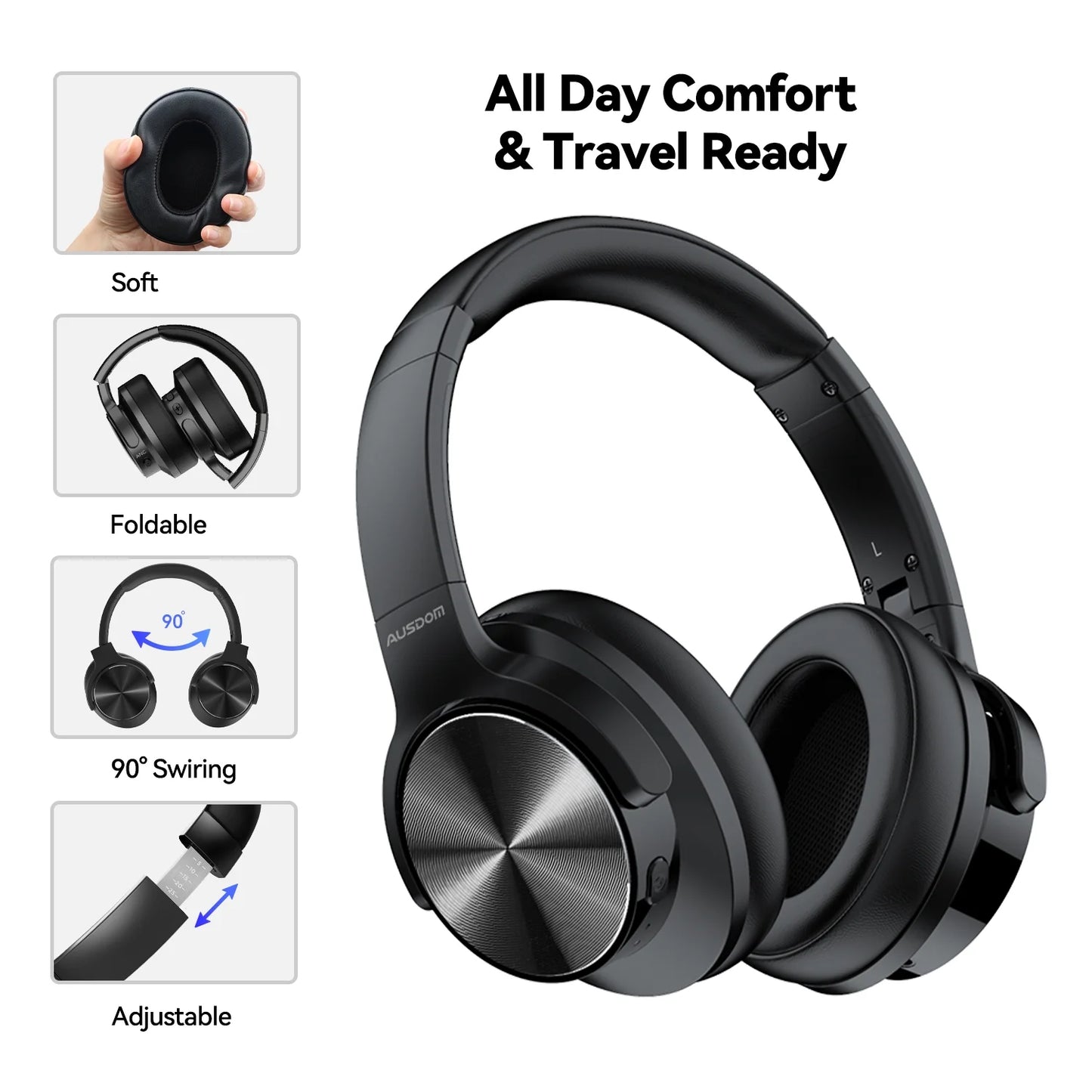 E9 Noise Cancelling Headphones,Wireless Bluetooth over Ear Headphones with Microphone - Black
