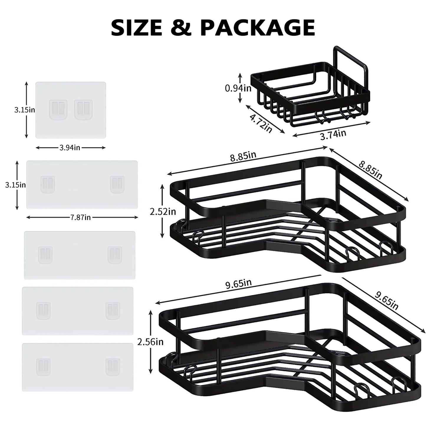 3 PCS Corner Shower Caddy Shower Organizer, 2 Tier Self-Adhesive Bathroom Organizer Shower Caddy Basket with Soap Holder, No Drilling Wall Mounted Rustproof Stainless Steel Shower Rack Black