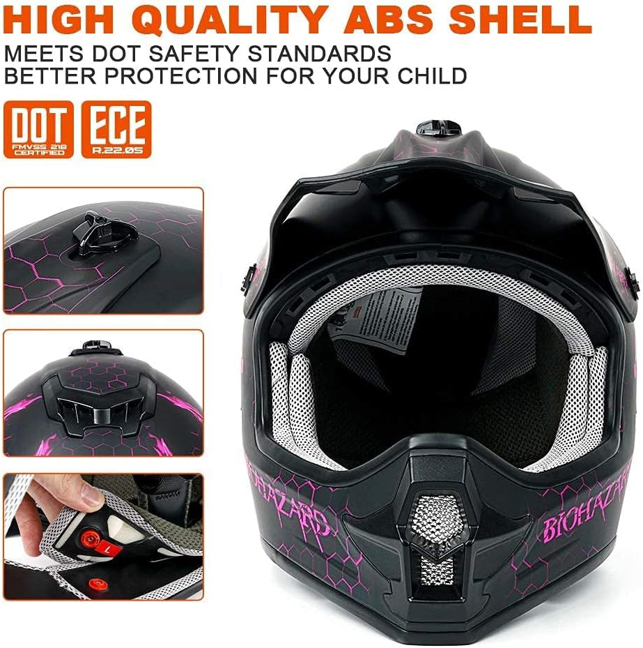 DOT Certified Adult & Youth Helmet for Dirt Bike ATV Motocross Offroad Motorcycle Bike(Bio-Pink,L)
