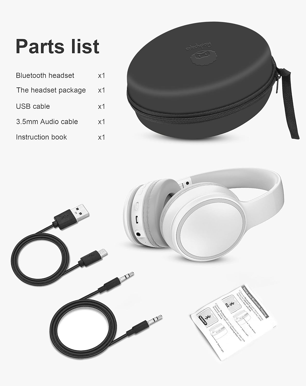 E9 over Ear Bluetooth Headphones for Kids Children Boy Girl Adult, Stereo Foldable Wired/Wireless Headphones with Microphone for School Travel Tablet PC TV, Include Case, White Grey