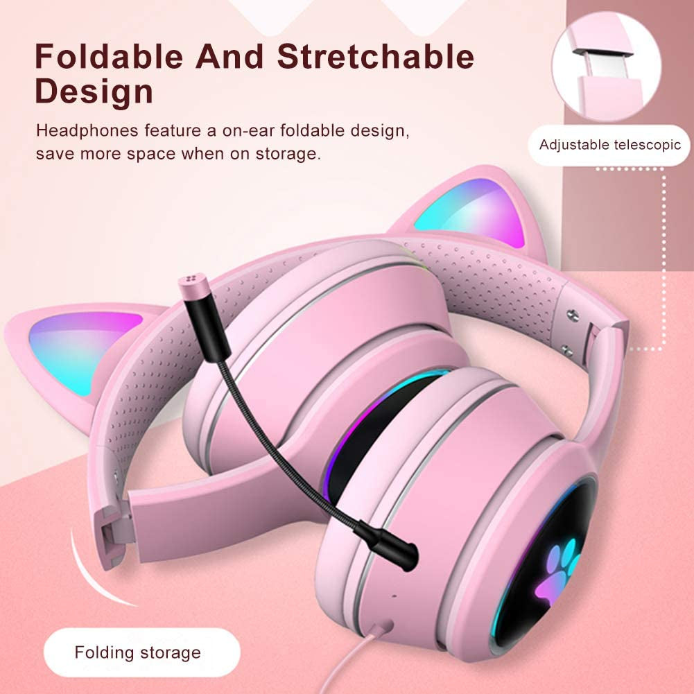 Ear Headphones, Cat Ear LED Light up Foldable Headphones Hifi 3.5MM Noise Reduction Headphones Computer Gaming Headset Cat Ear Headphone with Microphone and Volume Control