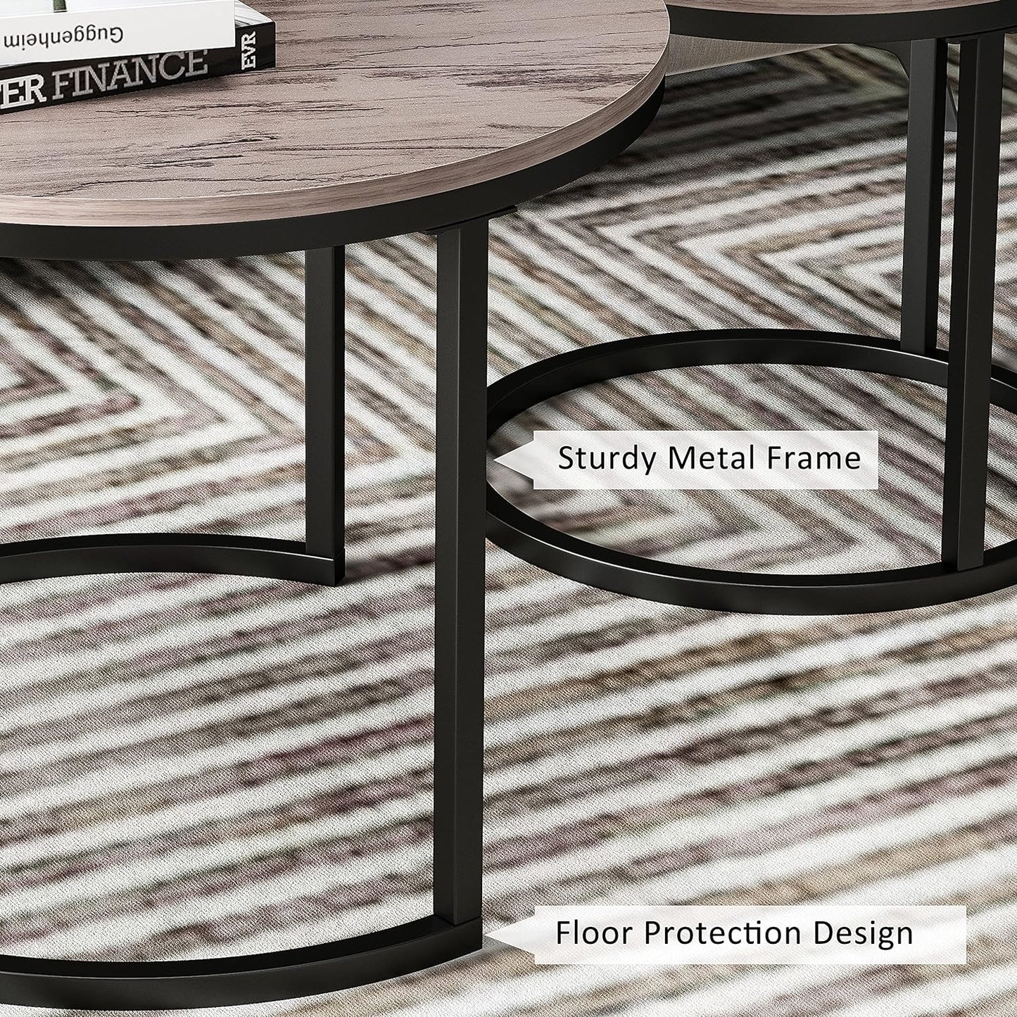 Modern Nesting Coffee Table Set of 2 for Living Room, Balcony, Garden, round Table with Wood Side, Sturdy Metal Frame, Easy Assemble,Antique Grey